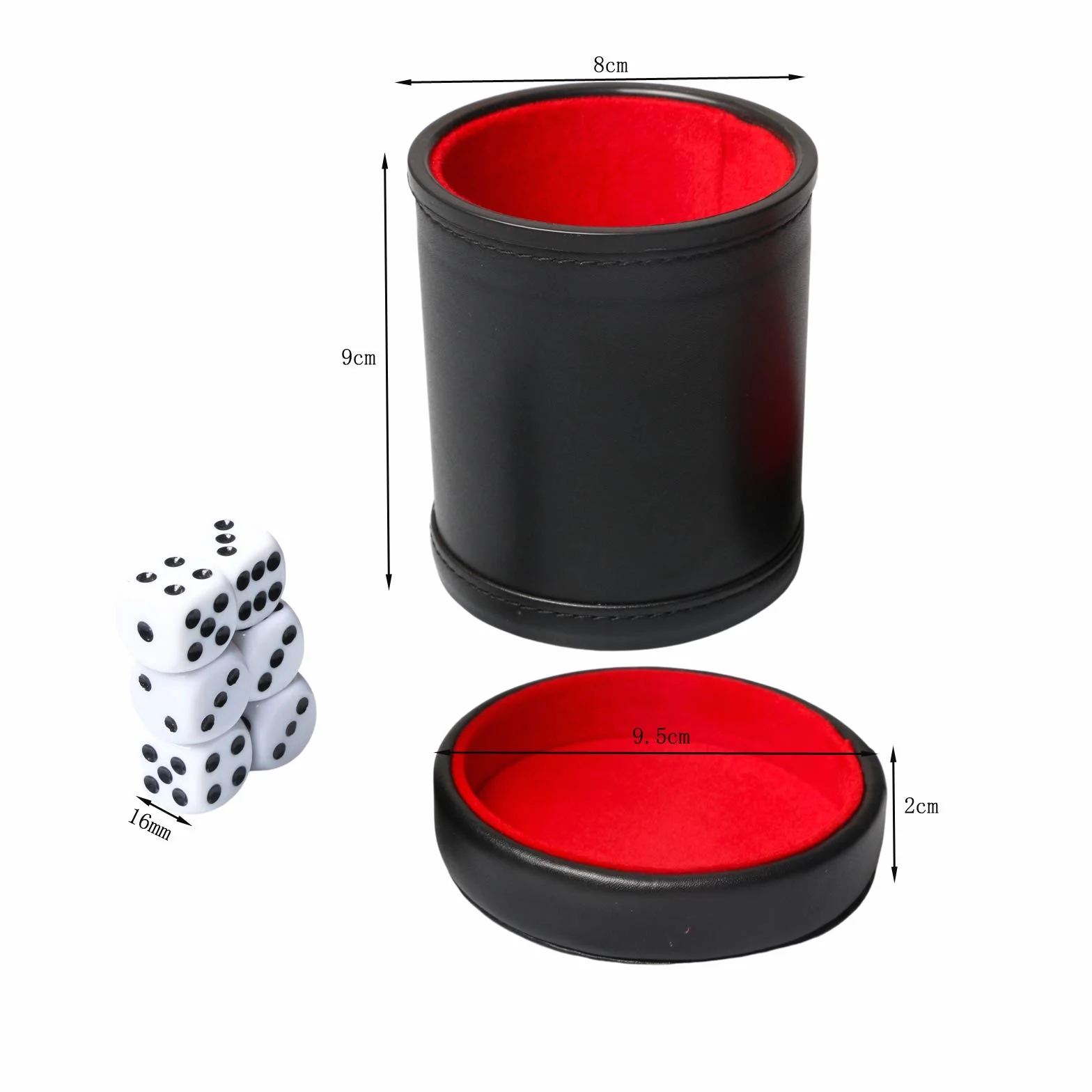 Liars Dice Farkle Yahtzee Tasse à dés en cuir synthétique avec couvercle et 6 dés silencieux avec doublure en feutre rouge