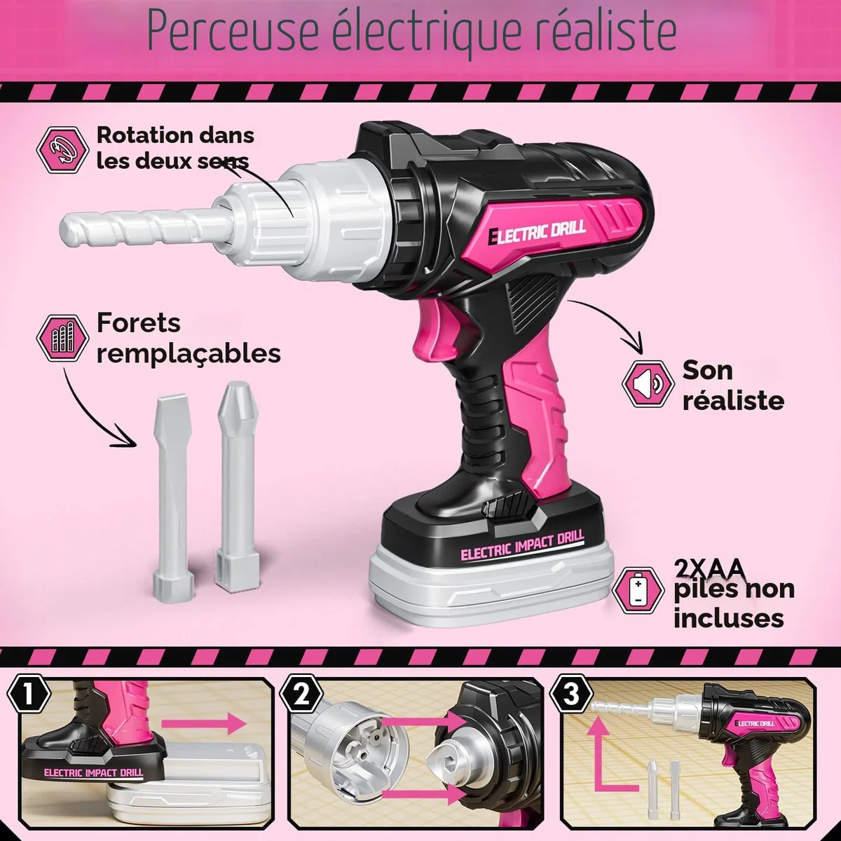 KidBloom Jouet Fille 3 Ans, Boite a Outils Enfant Rose avec Perceuse Électrique, Boîtes à Outils & Gilet, Jouet Enfant 3 4 5 Ans Fille