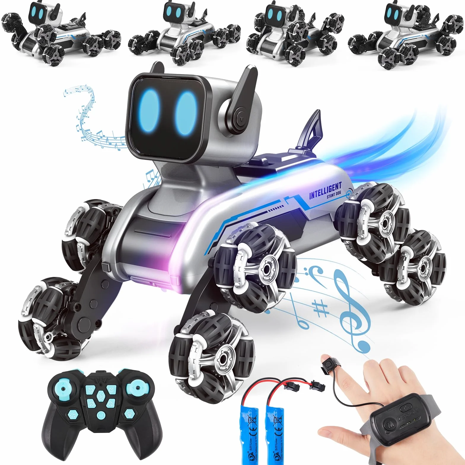 Chien Robot Telecommandé pour Enfants, Voiture Télécommandée avec Musique et Lumières LED et Huit Roues, 2.4GHz Détection Gestuelle Voiture RC Stunt Drift, Jouet Garcon et Fille 4 5 6 7 8 9 10 Ans