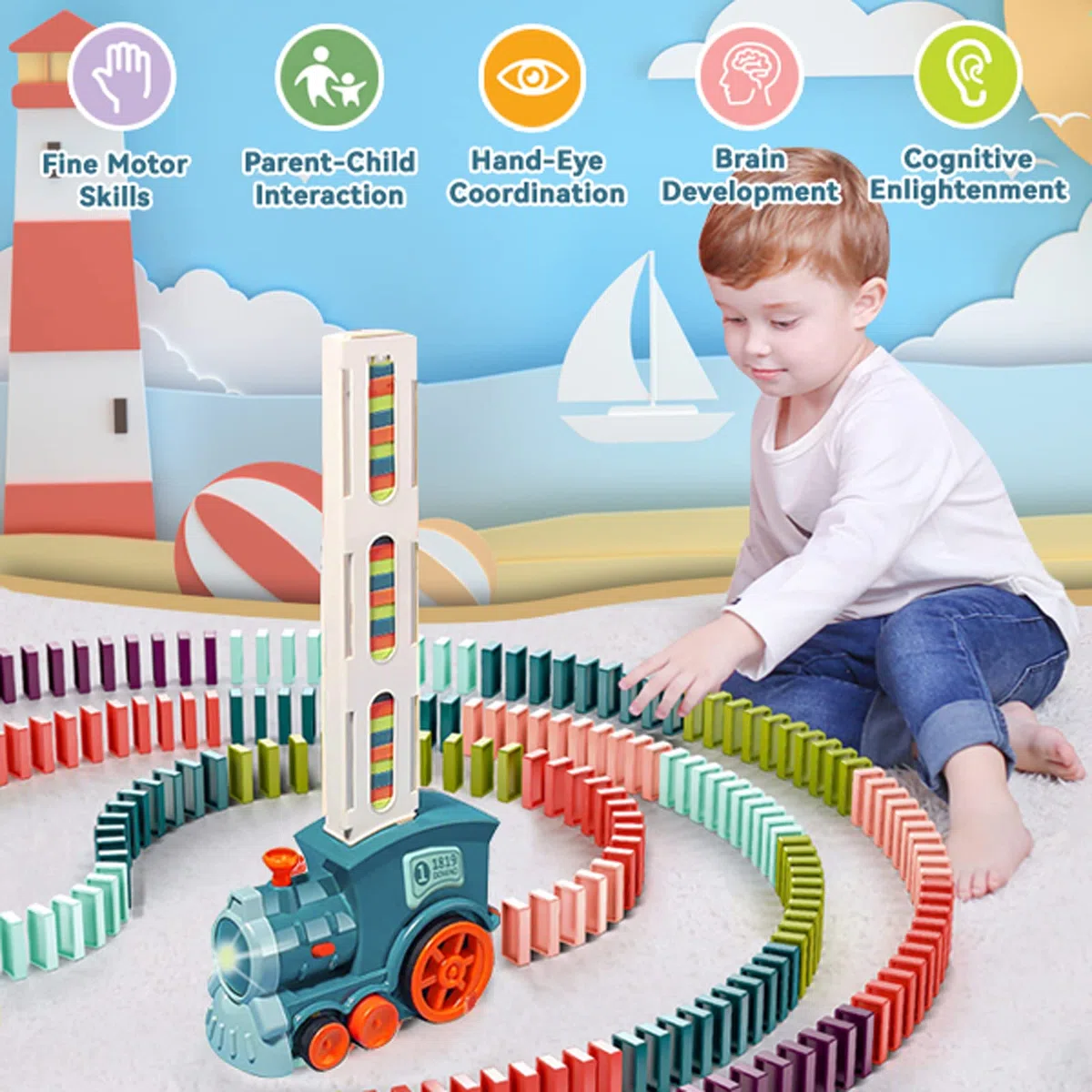 Domino Train pour Enfants, Dominos automatiques, Jouets de Construction et d'empilage,éducation précoce,Cadeau de Noël et d'anniversaire pour garçons et Filles de 3 à 8 Ans (Cyan)