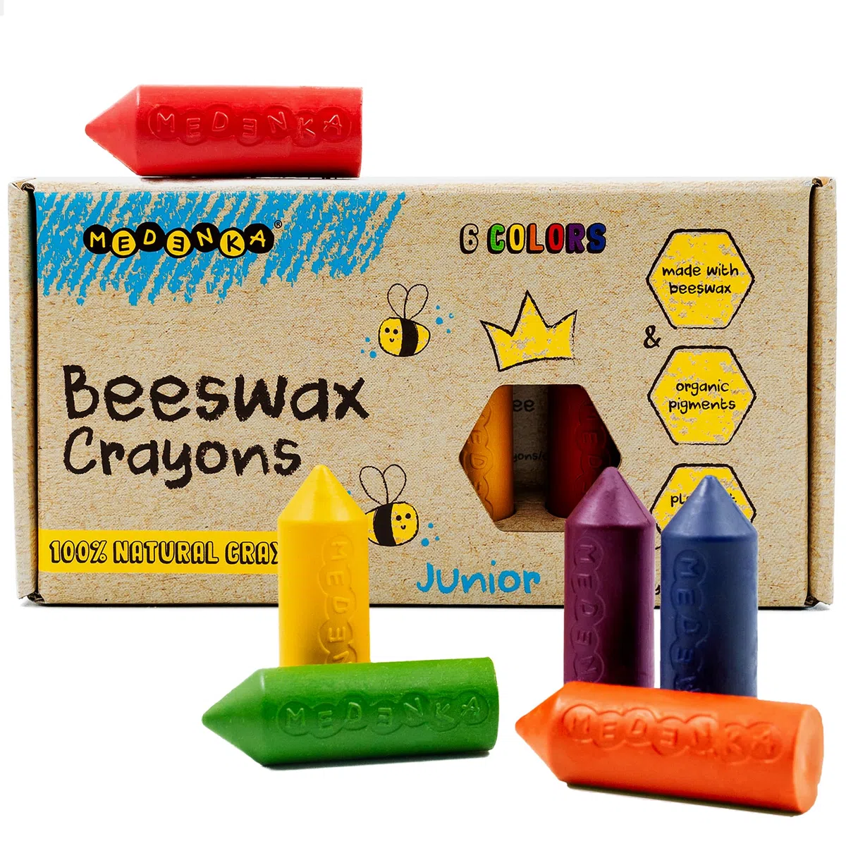 Crayons à la cire d'abeille Junior – 6 couleurs – Crayons pour tout-petits – Non toxiques pour les années 1–3 ans – Fabriqué en cire d'abeille européenne