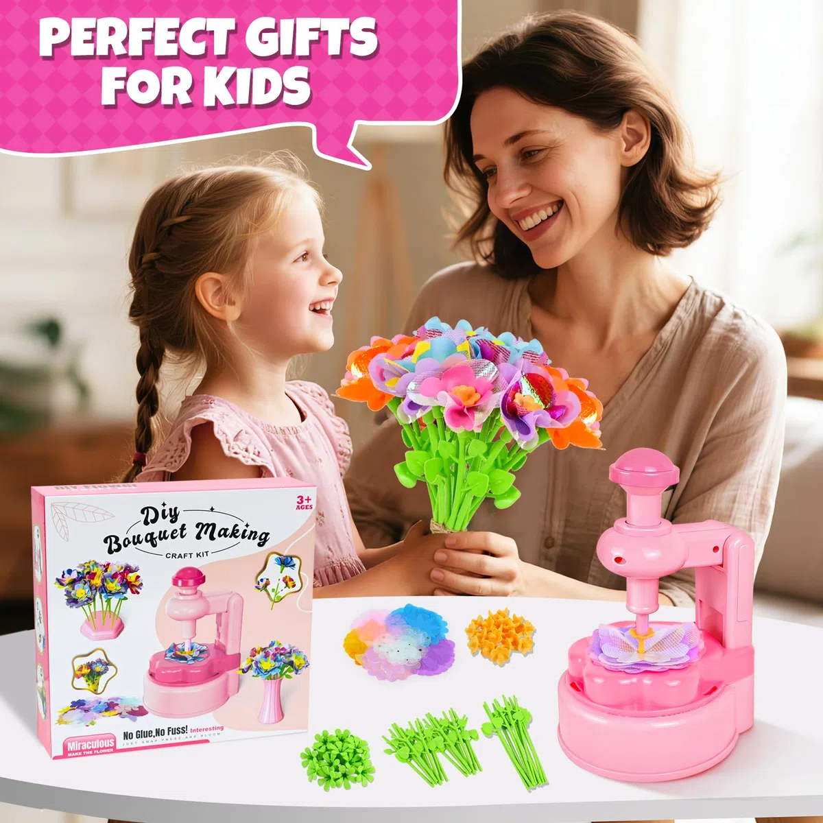 Joellfuner Fabrique de Fleurs Enfant, Kit de Bouquet de fleurs DIY pour Enfants, Création Bouquet de Fleurs avec Machine à Fleurs, Jouet Fleurs Activité Manuelle Enfant Fille 3 4 5 6 7 Ans, Rose