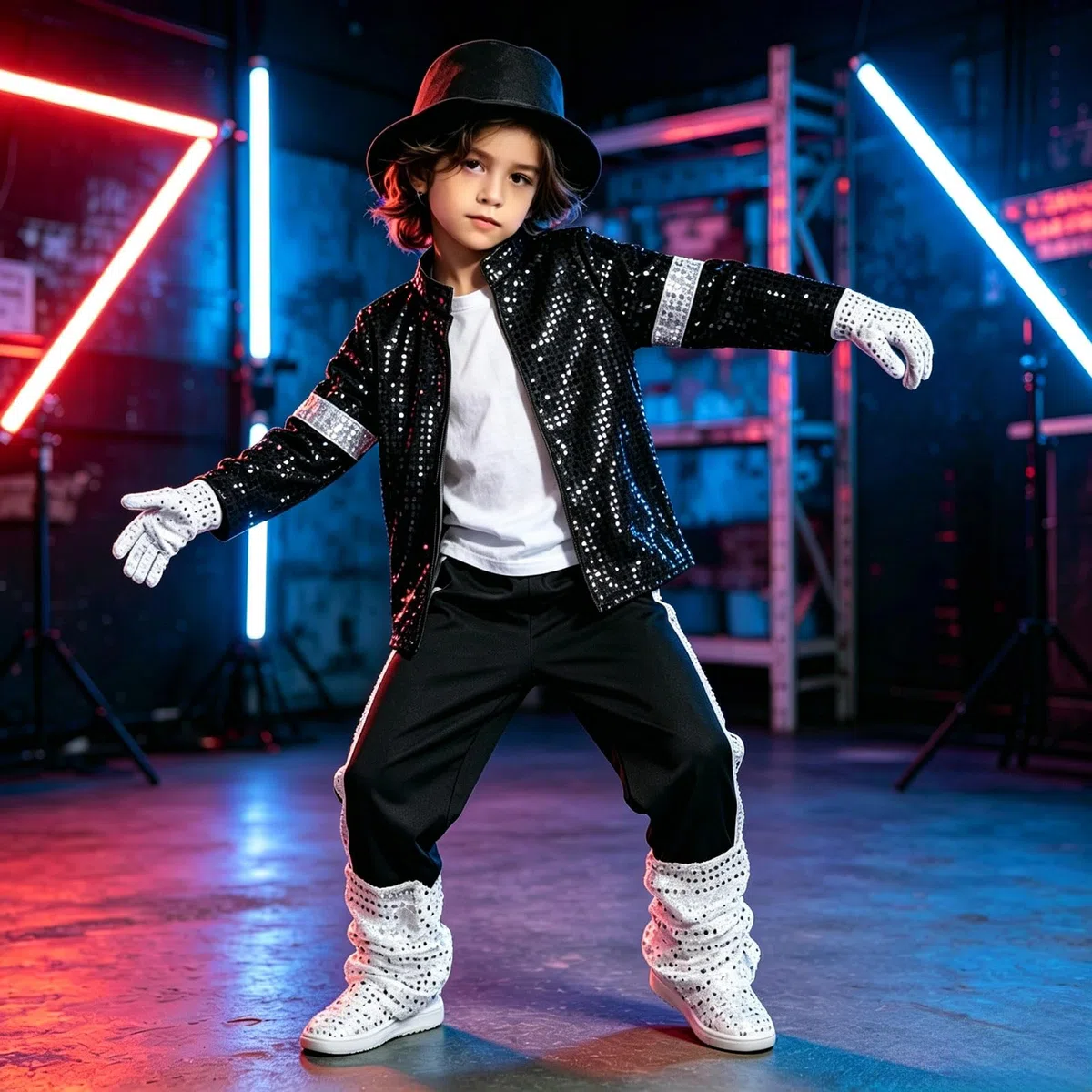 Deguisement Roi de la Pop Garcon Veste et Pantalon à Paillettes Noire Années 80-90 avec Chapeau Gant, Tenue Moonwalk pour Enfant 4-12 Ans Halloween Carnaval Déguisement