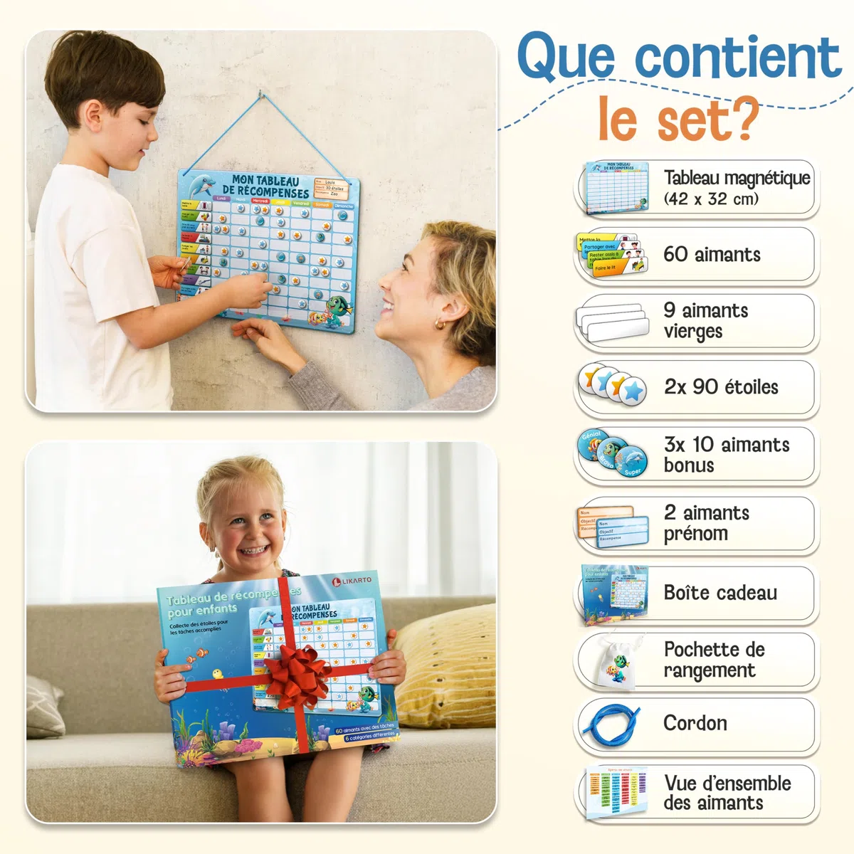 LIKARTO Tableau de Récompenses pour Enfants - Tableau magnétique avec de Nombreuses tâches et 280 aimants - Encourager Les Bons comportements - Calendrier Éducatif pour Enfant - Bleu