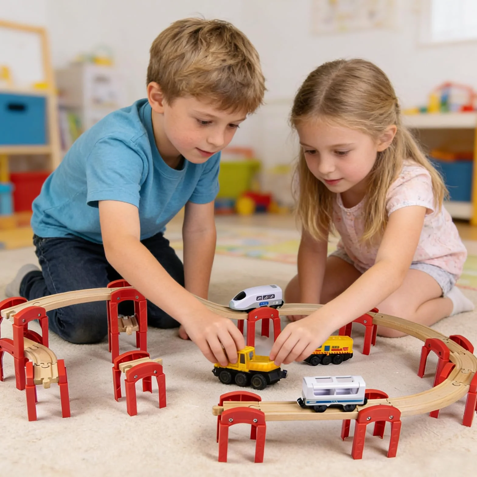 Coffret d‘Extension de Rails en Bois 14 pièces pour Circuit de Train, Empilables pour Constructions, Enfant 3+ Ans