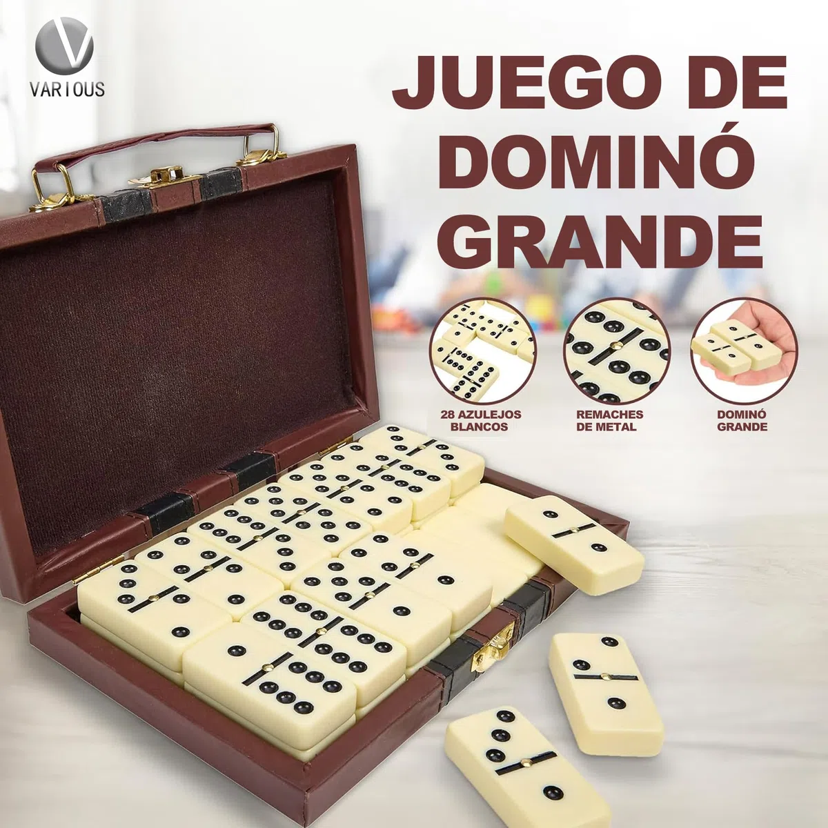Domino Double 28 Pièces en Boîte en Similicuir, Jeu de Plateau Classique pour Enfants et Adultes