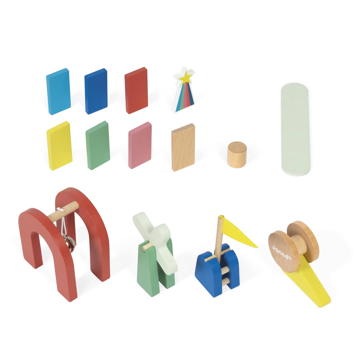 Janod - Jeu de Course de Dominos - Création Circuits et Parcours Dominos - Pack Complet 100 Pièces + Accessoires - Dès 3 Ans