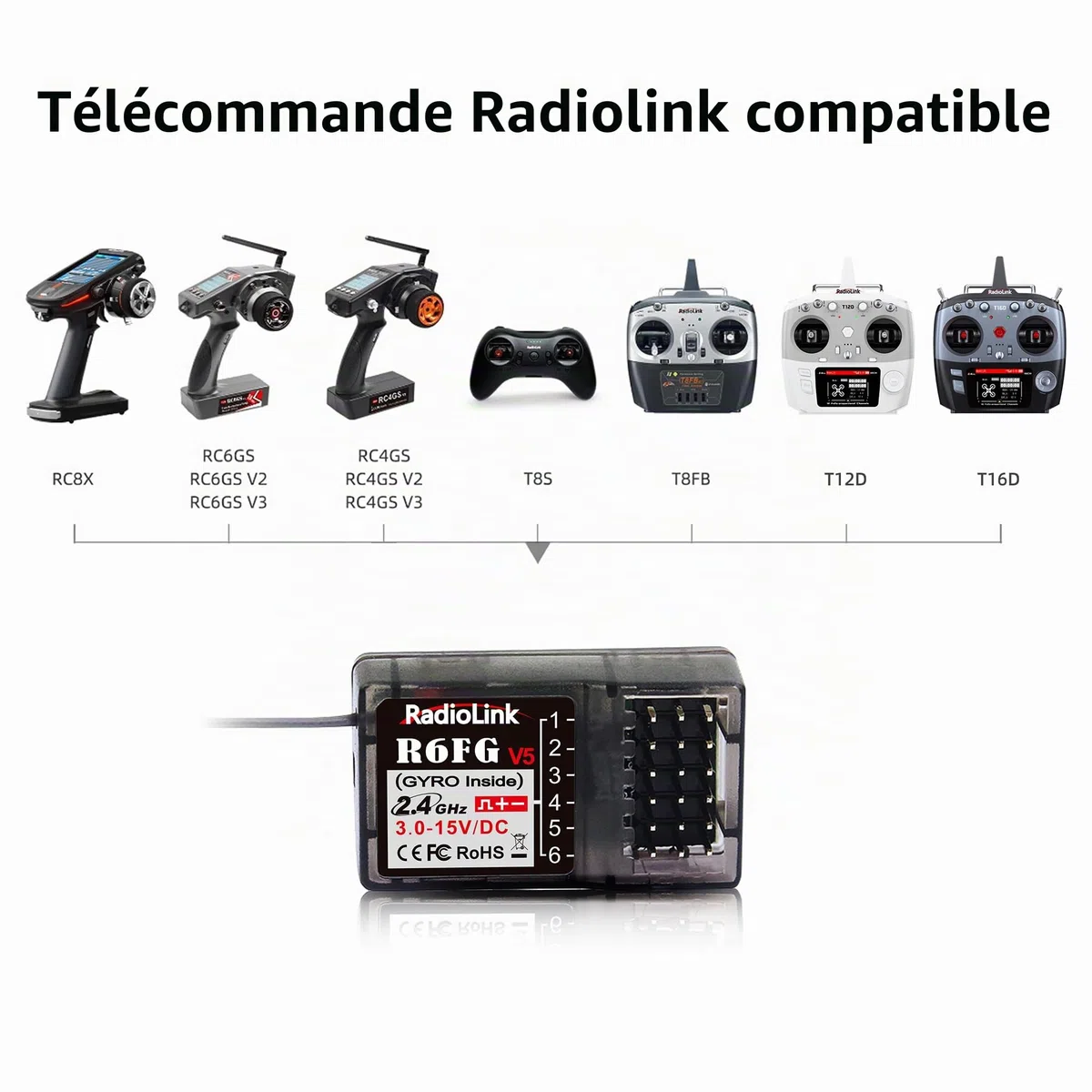 Radiolink R6FG Récepteur RC 2,4 GHz Gyro-intégré 6 canaux Grande portée jusqu'à 400 m Compatible avec RC6GS V3/RC4GS V3/T8FB/T8S/RC8X/T16D/T12D