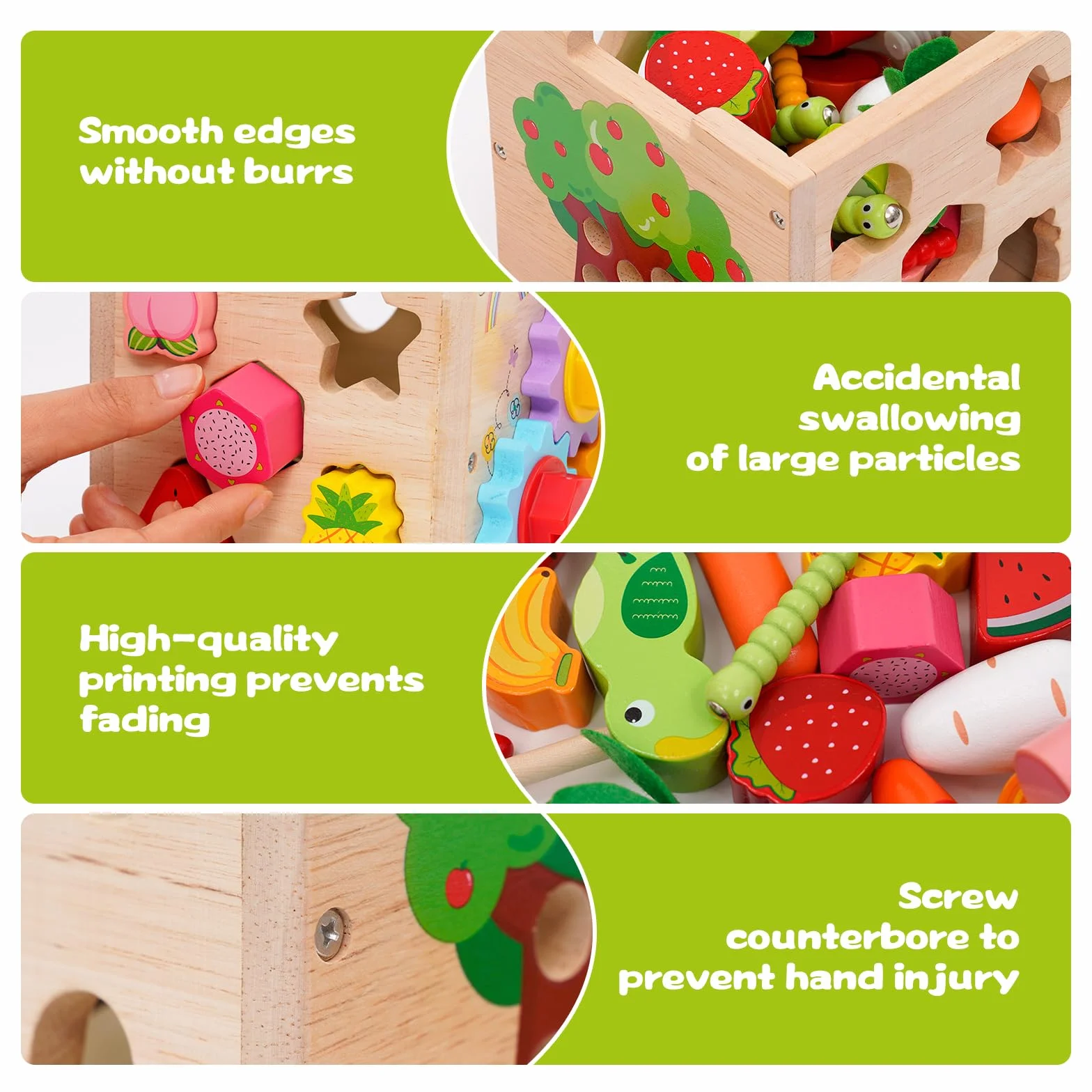 Centre Activité Bébé Multijeux Montessori,Cube d'Activité Bébé,Cube en Bois Comprend la Correspondance des Formes,le Tirage de Carottes,la Capture d'insectes,des Engrenages,Jeux en bois Bébé 1 an.