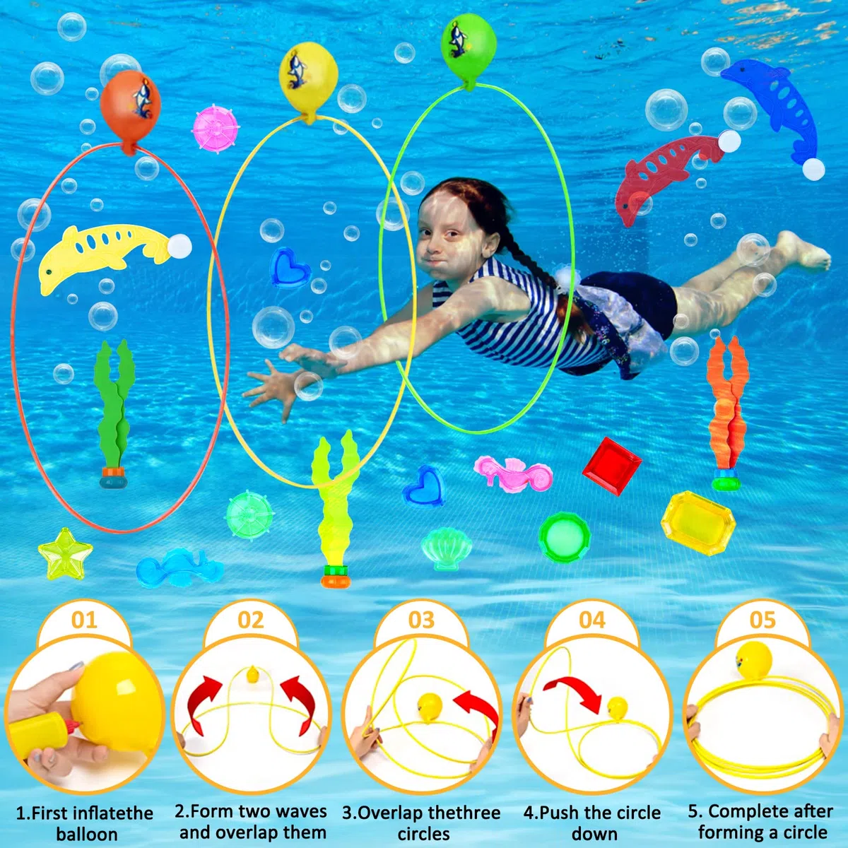 27pcs Jouets de Plongée,Jeux Piscine Enfant,Jouet sous Eau Été Jeux inclure 3 Anneaux de Plongée,Dauphin,Sac de Rangement,Algues,Jeu Piscine Cadeaux Garçon Fille 5-12 Ans Jeux sous Marins