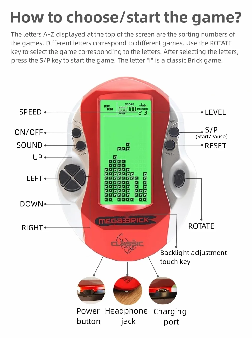 Créatif Bloquer la Console de Jeu Rétroéclairage Vert réglable 26 Jeux de Briques Jeu électronique pour Enfants Rétro Machine de Jeu Portable Jouets Cadeaux pour Enfants/Festivals (Red)