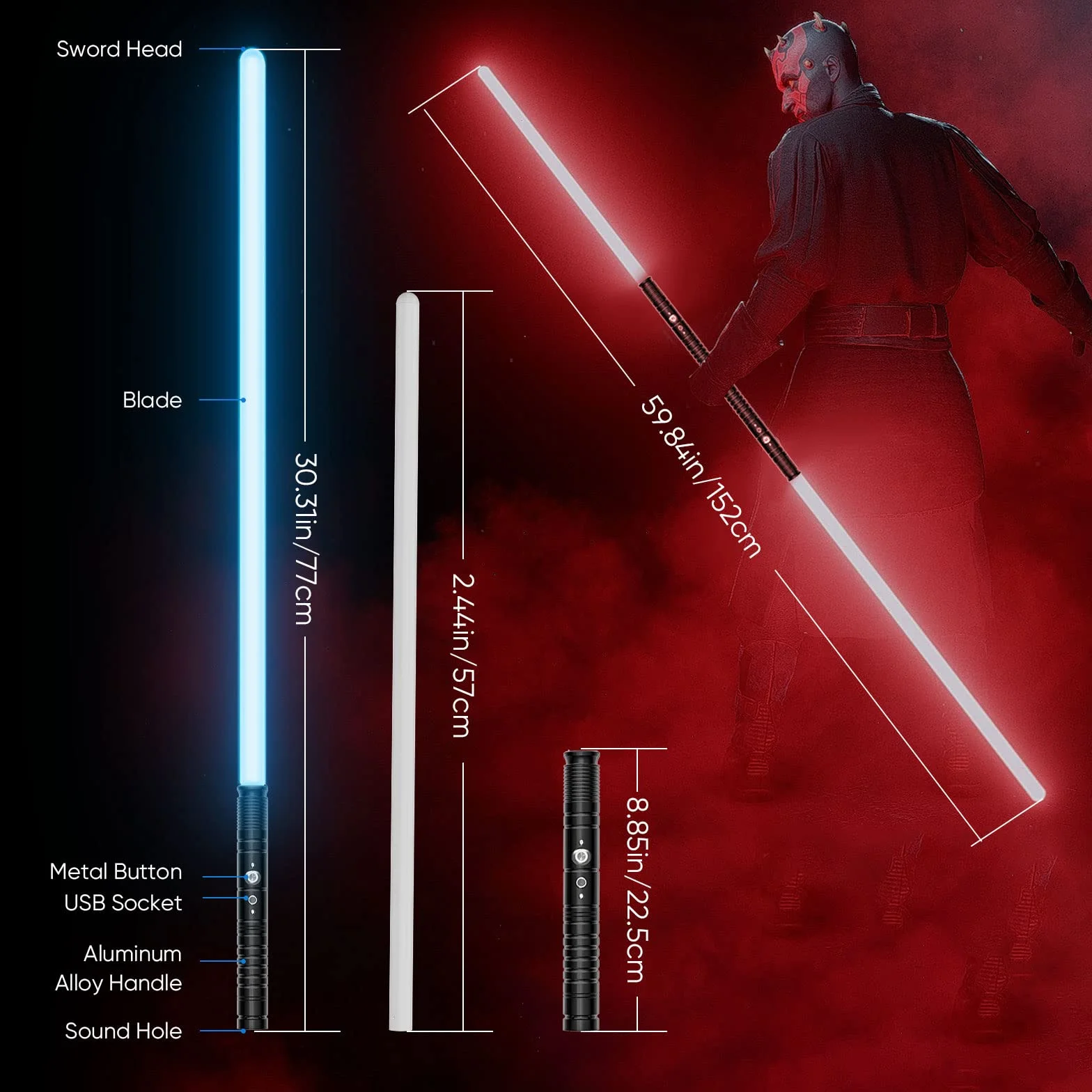 Sabre laser avec effet sonore RVB 7 couleurs changeantes - Sabre laser - Long sabre laser portable rechargeable avec poignée en métal pour enfants, adultes, fête costumée (noir, 77 cm)