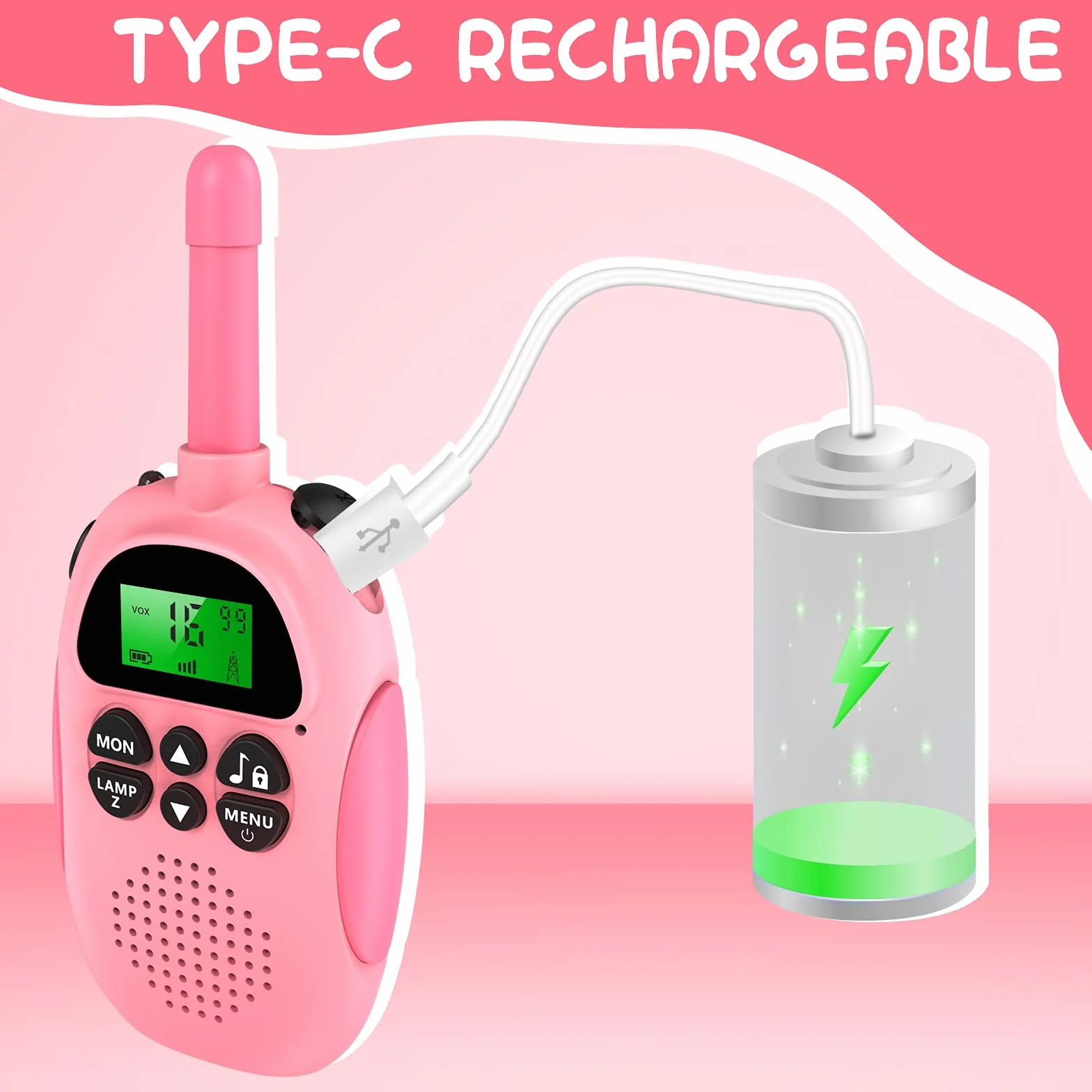 Ushining Talkies Walkies Enfants, VOX Talkie Walkie Rechargeable Enfant, Lampe de Poche LCD Rétro-éclairée, 3 KM pour Aventures Extérieures Camping Randonnée, Cadeau De Noël