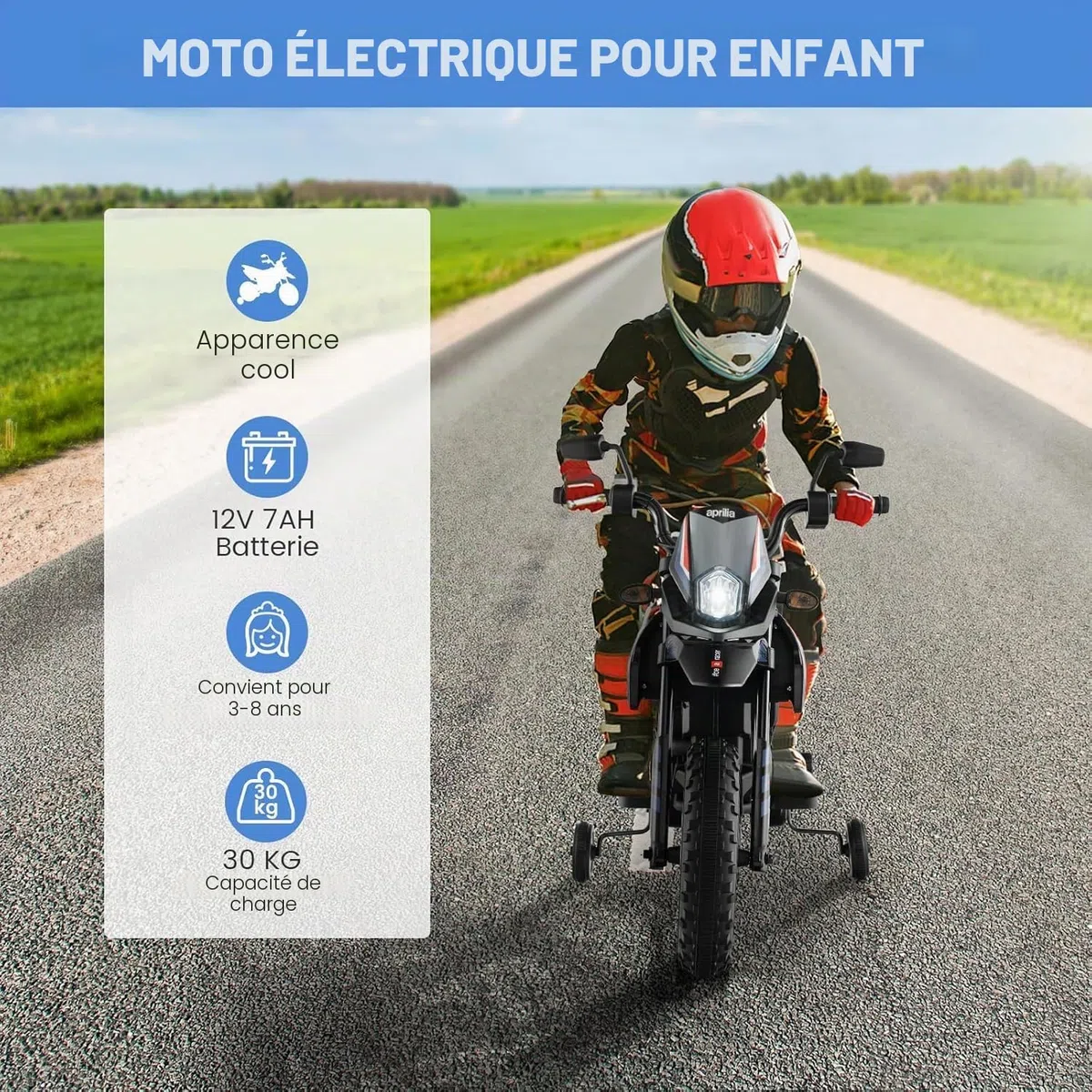 FANTASK Aprilia Moto électrique pour Enfant de 3 à 8 Ans 12 V 5,5 à 6 km/h avec Roues stabilisatrices, Musique et phares, Moto Bleue et Noire