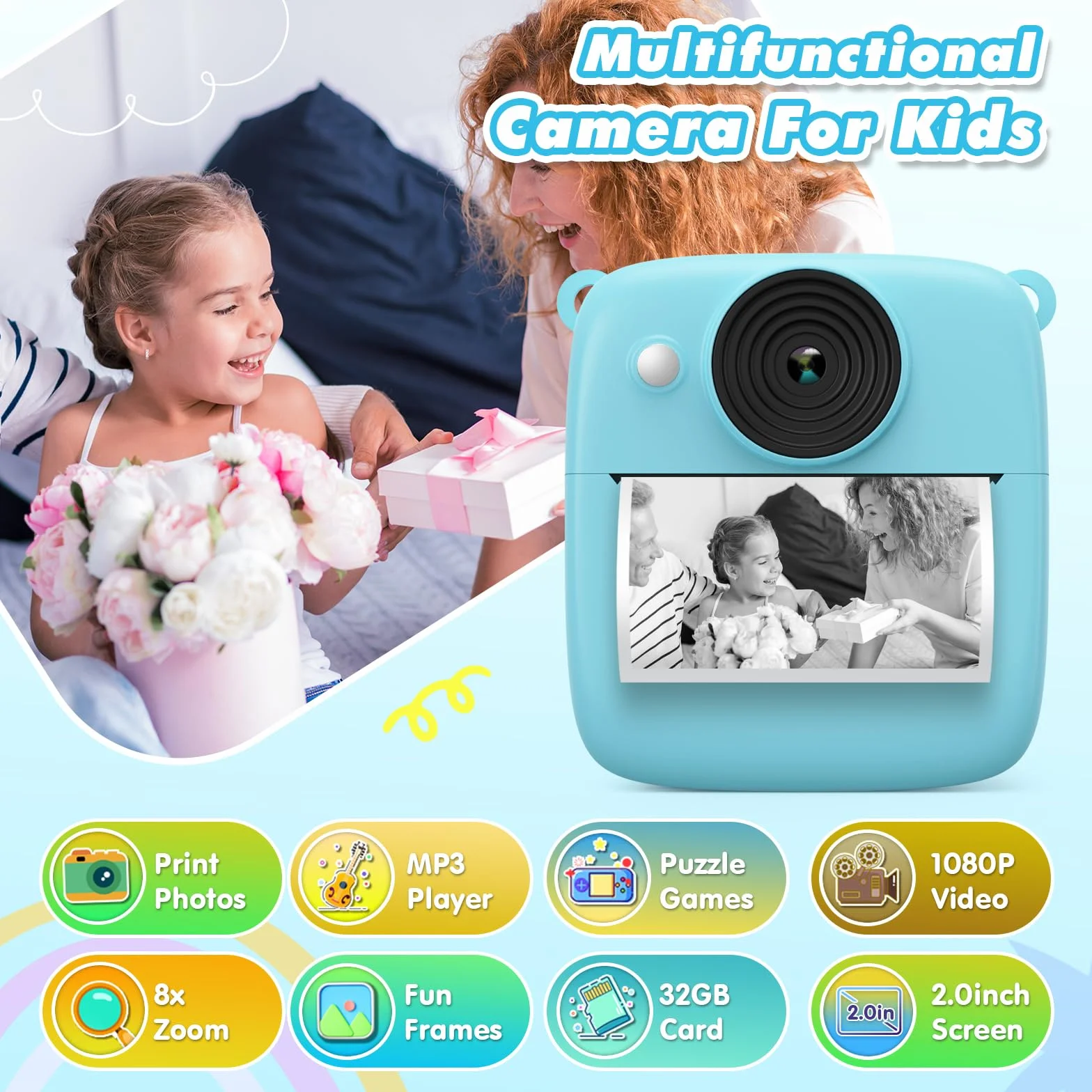 Appareil Photo Instantané Enfant, CalineGam 48MP 1080P Appareil Photo Numérique Enfant avec Carte 32GB & Papier Photo, Noël Anniversaire Cadeau pour Filles Garçons 3-12 Ans (Bleu)