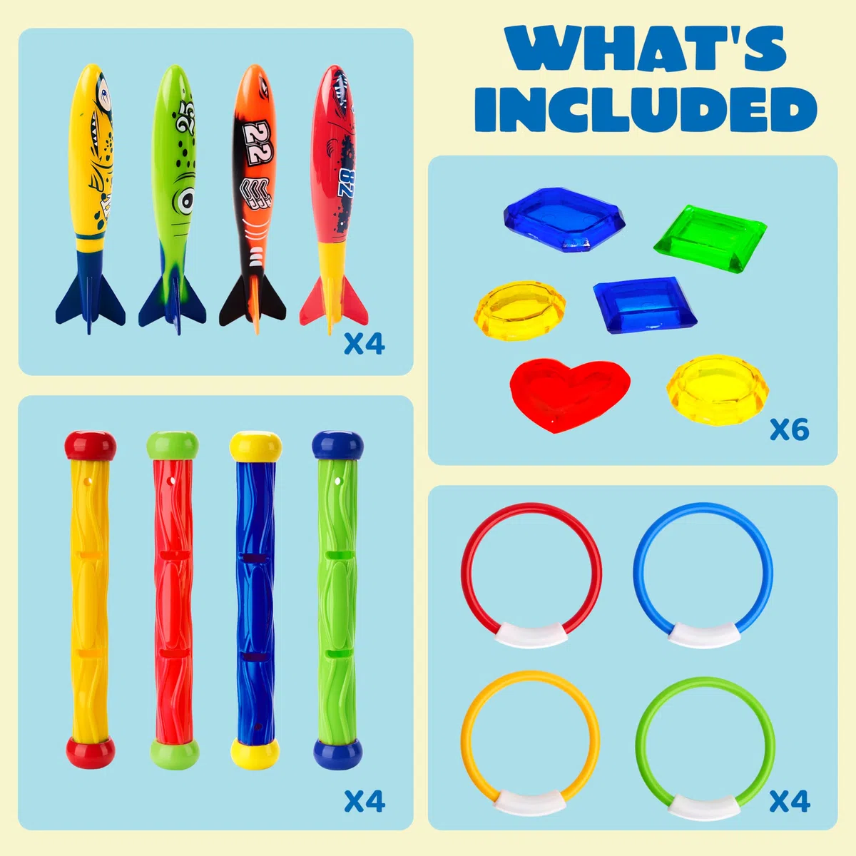 JOYIN 18 Pcs Jouets de Plongée Jouets de Natation Piscine Jeux de Piscine Jouet Anneaux Plongée sous-Marine Bâtons de Plongée et Bandits de Toypedo avec Bundle Cadeau Trésors de l'eau