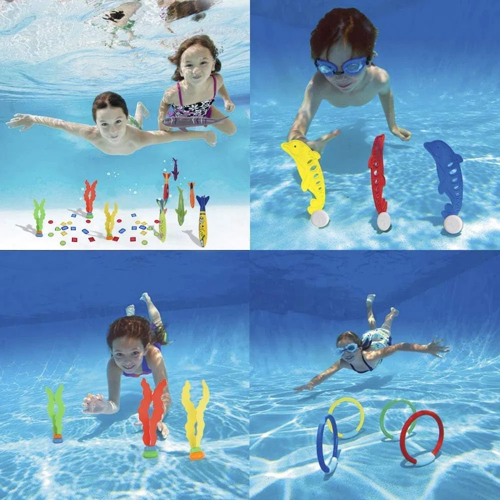 faburo 34pcs Jouets de Plongée, Jouets de Piscine pour Enfants 5-12 Ans, Anneau de Plongée sous-Marine, Ensemble de Jouets de Plongée avec Anneaux de Plongée & Dauphins & Herbes Marines etc
