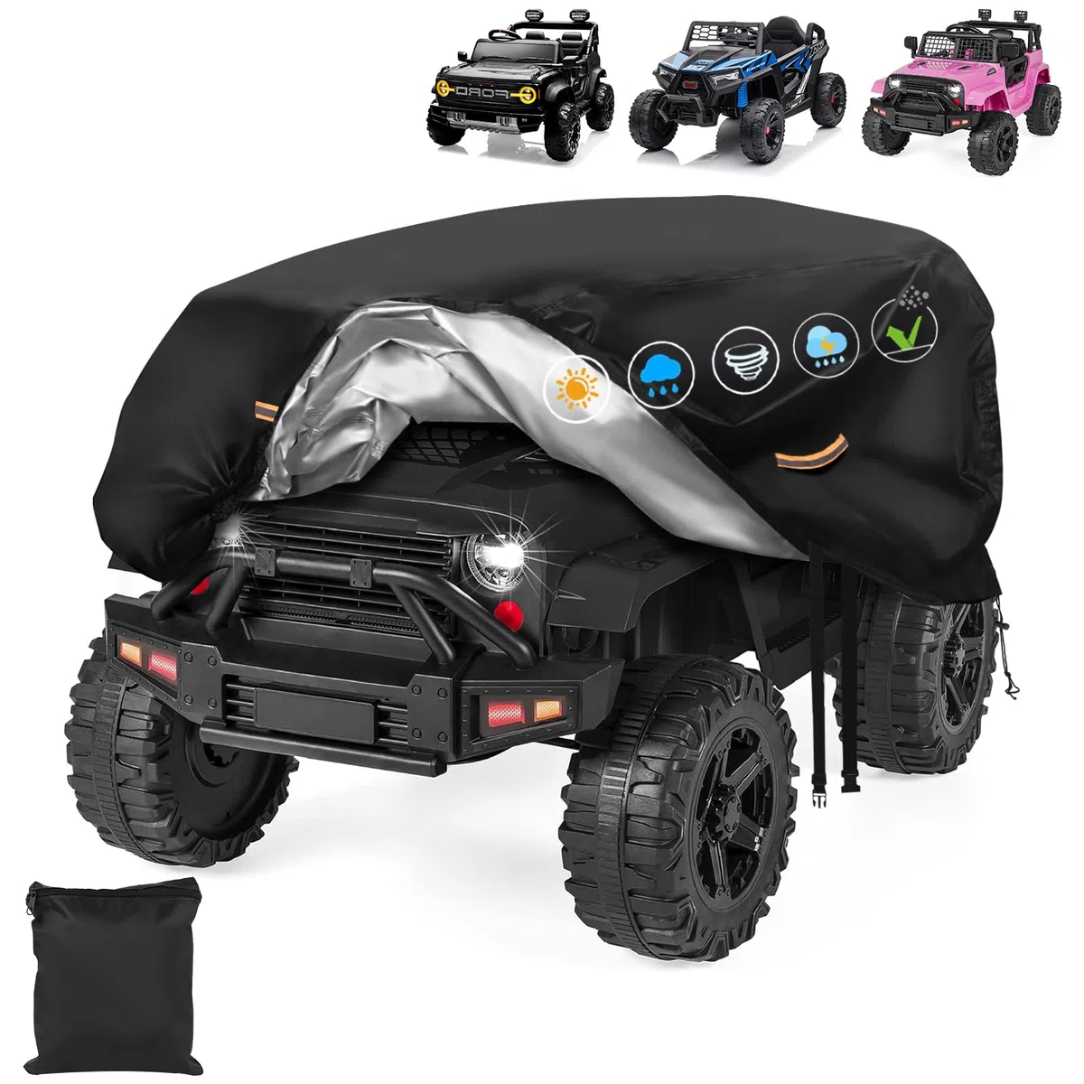 Housse de voiture électrique imperméable 900D pour enfants - Étanche - Boucle coupe-vent - Bande réfléchissante - Grande housse universelle pour jouets - Anti-UV, pluie, poussière - Protection contre