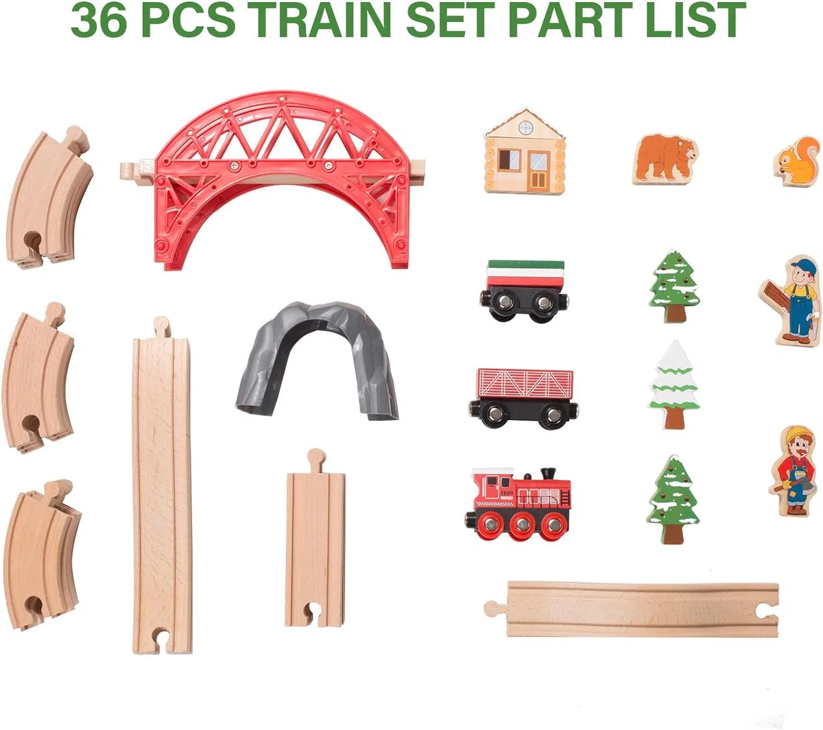 Giant bean Train en Bois pour Tout-Petits, Set de 36 Pièces sur Le Thème de la Forêt, Jouet Ferroviaire en Bois pour Enfants, Filles et Garçons de 3 à 7 Ans​ (Rouge, Bois)