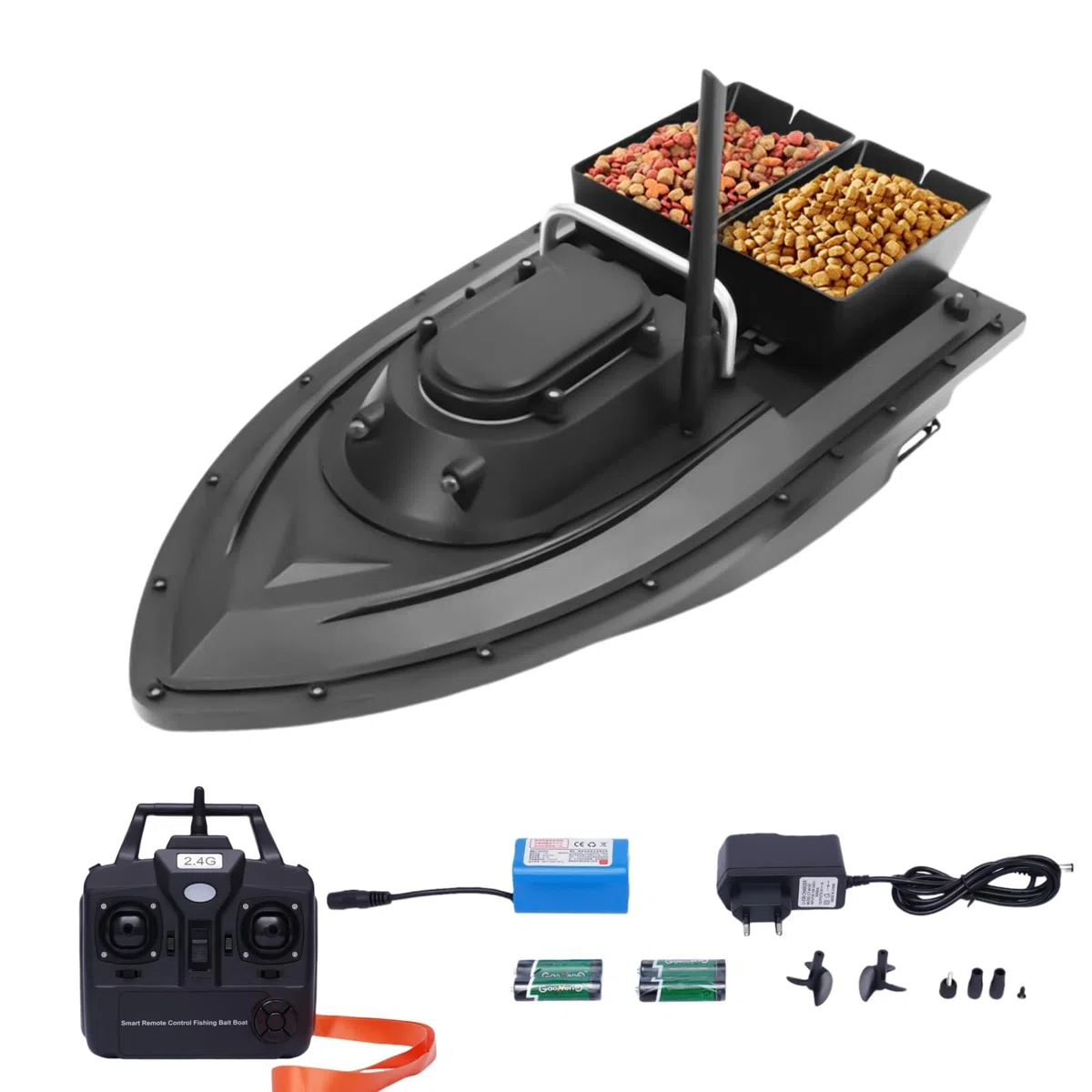 Cruise Angel Nest Bateau pêche RC 500 m appât de nuit 2 kg Télécommande 2,4 G, lumière LED, chargeur, deux boîtes à appâts