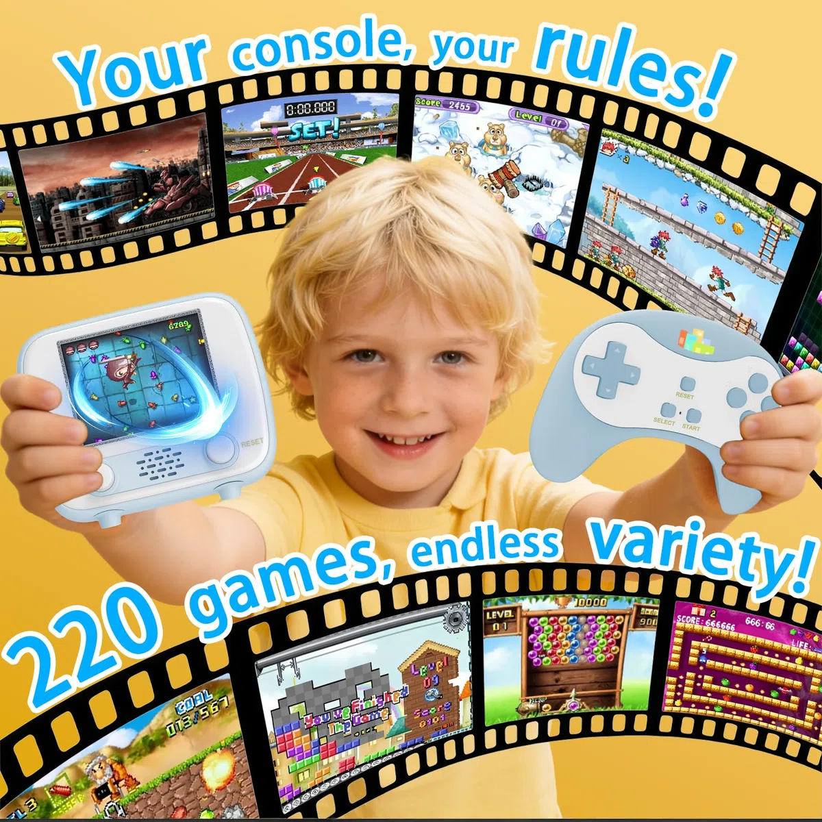 Handheld Game Console, Retro Mini Game Console avec écran 2,8 Pouces, 220 Classic Games intégrés, Jouet de Jeu Portable Rechargeable, sans Wi-FI nécessaire, Cadeau pour garçons et Filles, Bleu