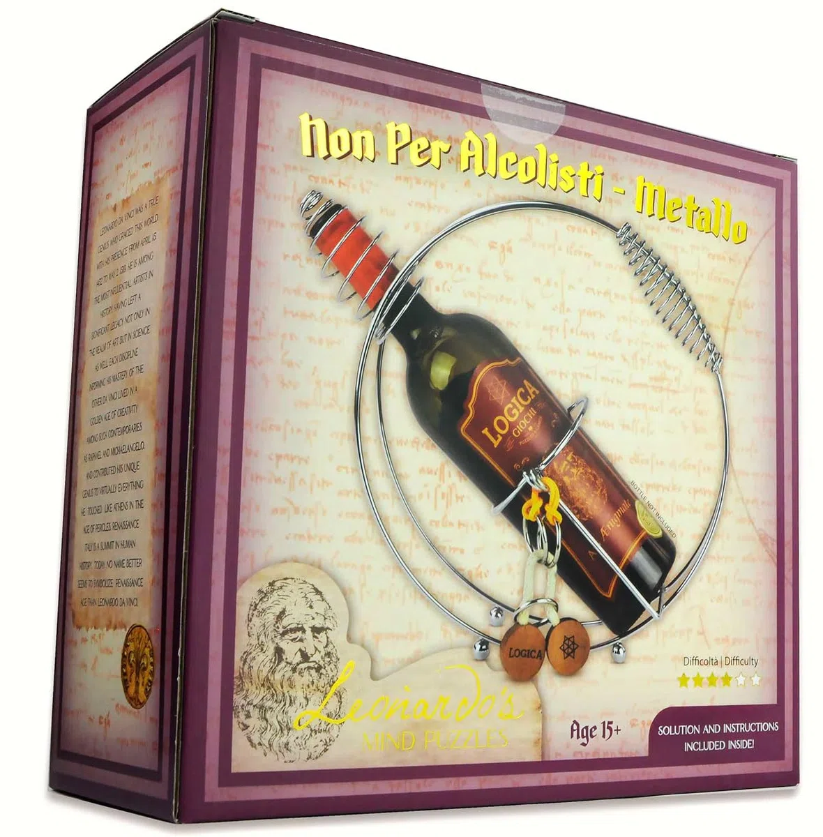 Logica Jeux Art. Non pour Alcooliques Métalliques - Casse-tête Porte-Bouteille en Métal - Difficulté 4/6 Extrême - Collection Leonardo da Vinci