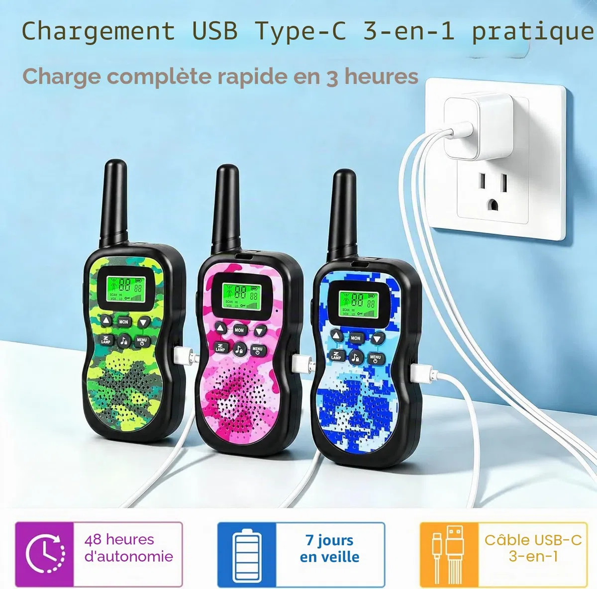 JUAUO 3PCS Talkie Walkie Enfants Rechargeable, 8 Canaux Radio à 2 Voies Talkie-Walkie Longue Portée 3 KM, Cadeaux d'anniversaire pour Garçons Filles, Jouets de Plein air pour Enfants de 3 à 12 Ans