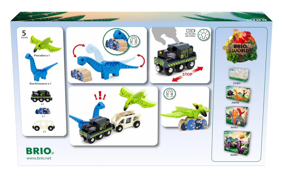 BRIO World - 36096 - Train à Piles Dinosaure - Train électrique - Dinosaure Inclus - pour Circuit de Train en Bois - Jouet Mixte à partir de 3 Ans