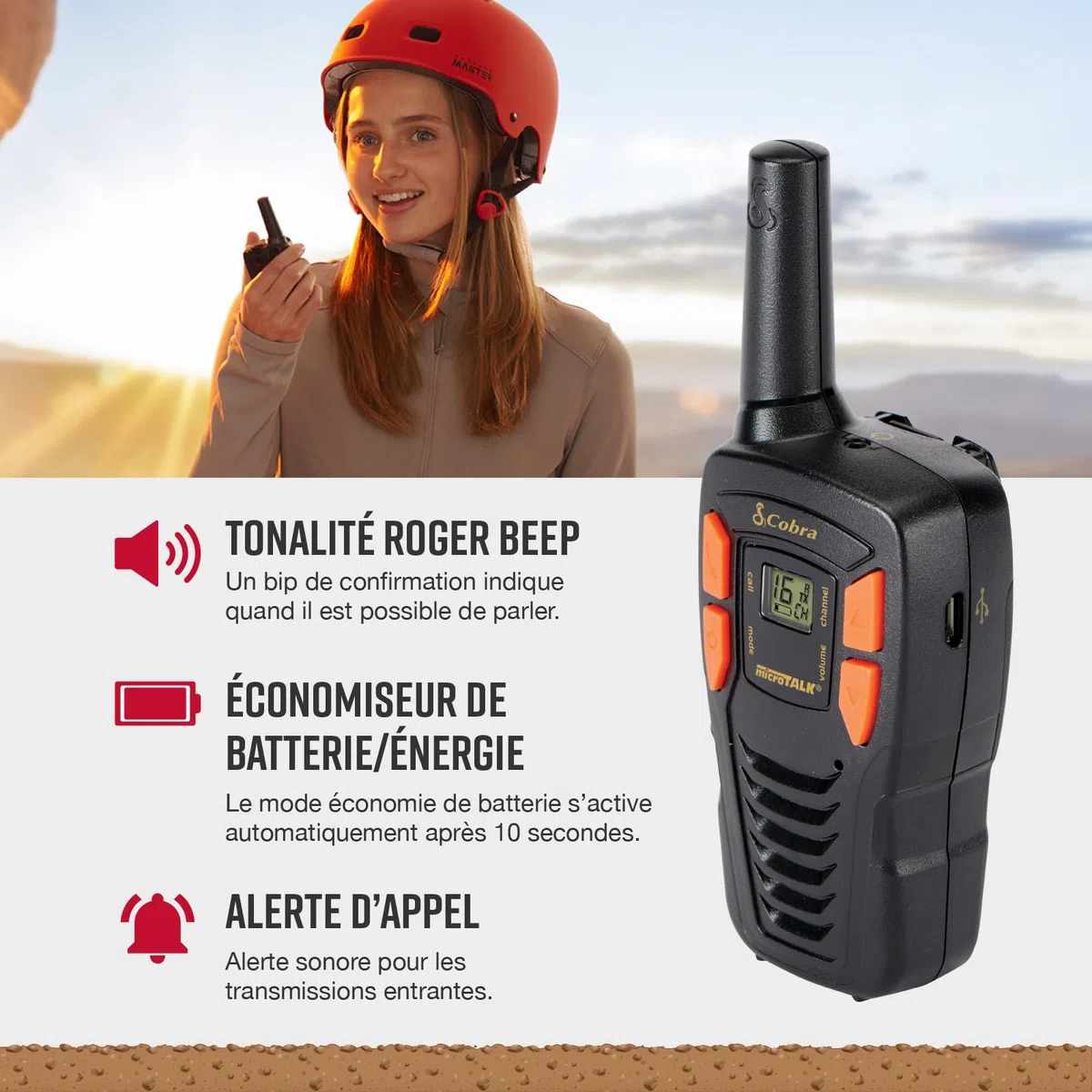 Cobra AM255 Talkies-Walkies Légers IPX2 (Pack de 2) – Portée de 5 km, 16 canaux, Fonction d'économie d'énergie, talkies-Walkies Rechargeables, Noir