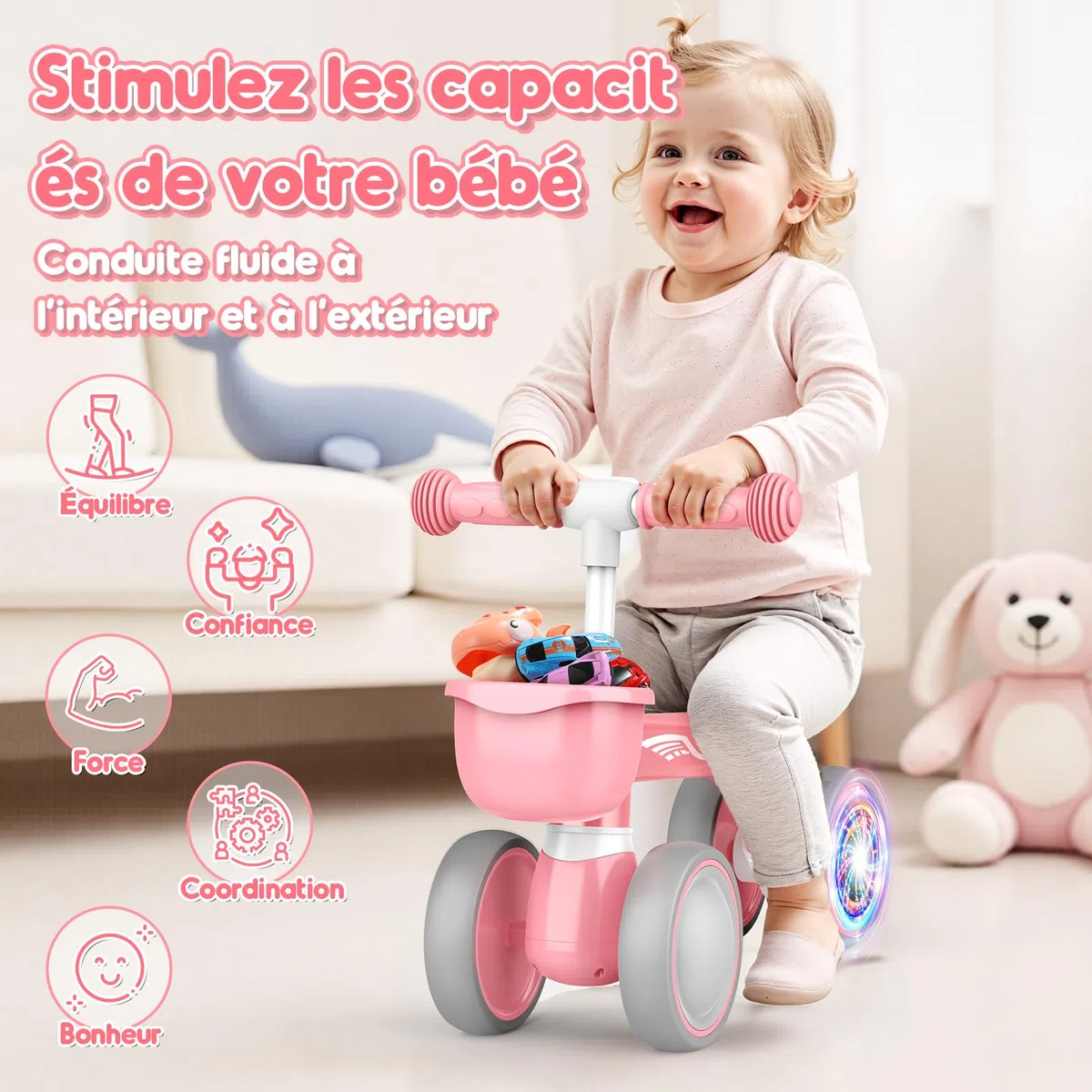 HappyGoLucky Draisienne Bebe 1 2 Ans, Jouet Enfant pour 12-24 Mois, Roues Colorées, Ultra-léger, Vélo avec Panier, Draisienne Jouet Fille 1 2 Ans, Cadeau pour 12-24 Mois, Cadeaux de Noël Enfant