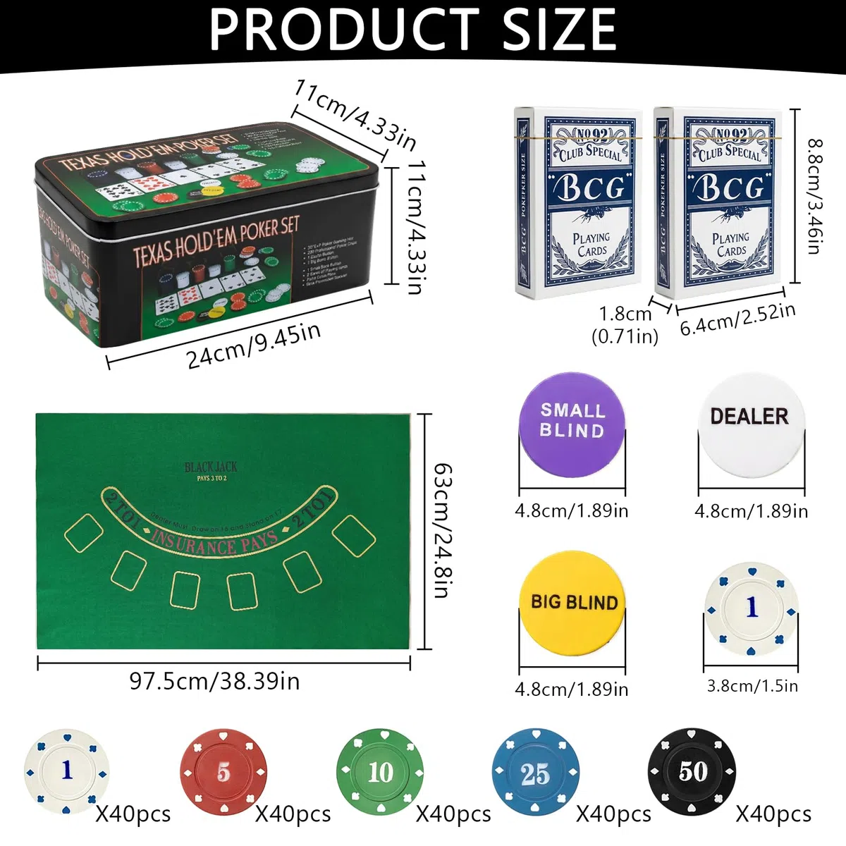 Kit de Poker 200 Jetons, Texas Holdem Set de Poker en Boite Métallique avec Tapis, 5 Couleurs Numérotés pour Soirée Jeux, Coffret de Complet pour Adultes (Kit de Poker 200 Jetons)