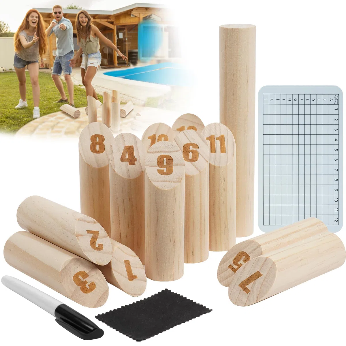 OSDUE 16 Pièces Jeu de Quilles Nordique, Jeu de Plein air Beige Bois Jeux de Plein air pour Adultes Jardin, Pique-Nique, Plage, Fête