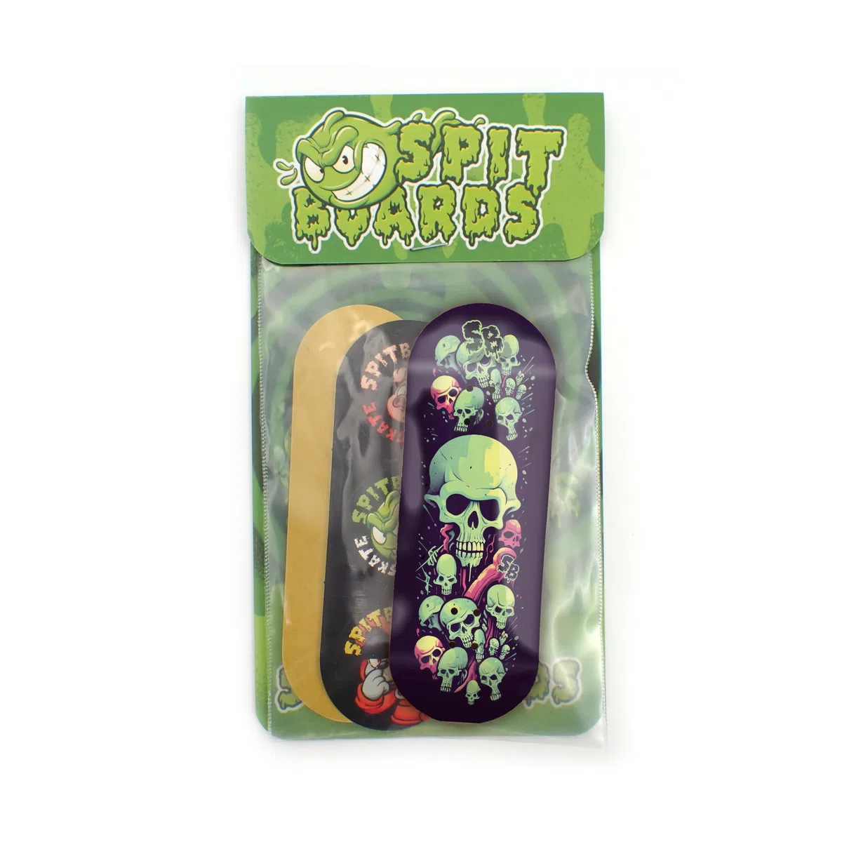 SPITBOARDS Touche 34 mm – Bois véritable (5 couches) Forme classique Popsicle Street – Taille : 34 x 96 mm – Planche graphique unique (usure réelle) – Concave optimisée – Crâne vert citron