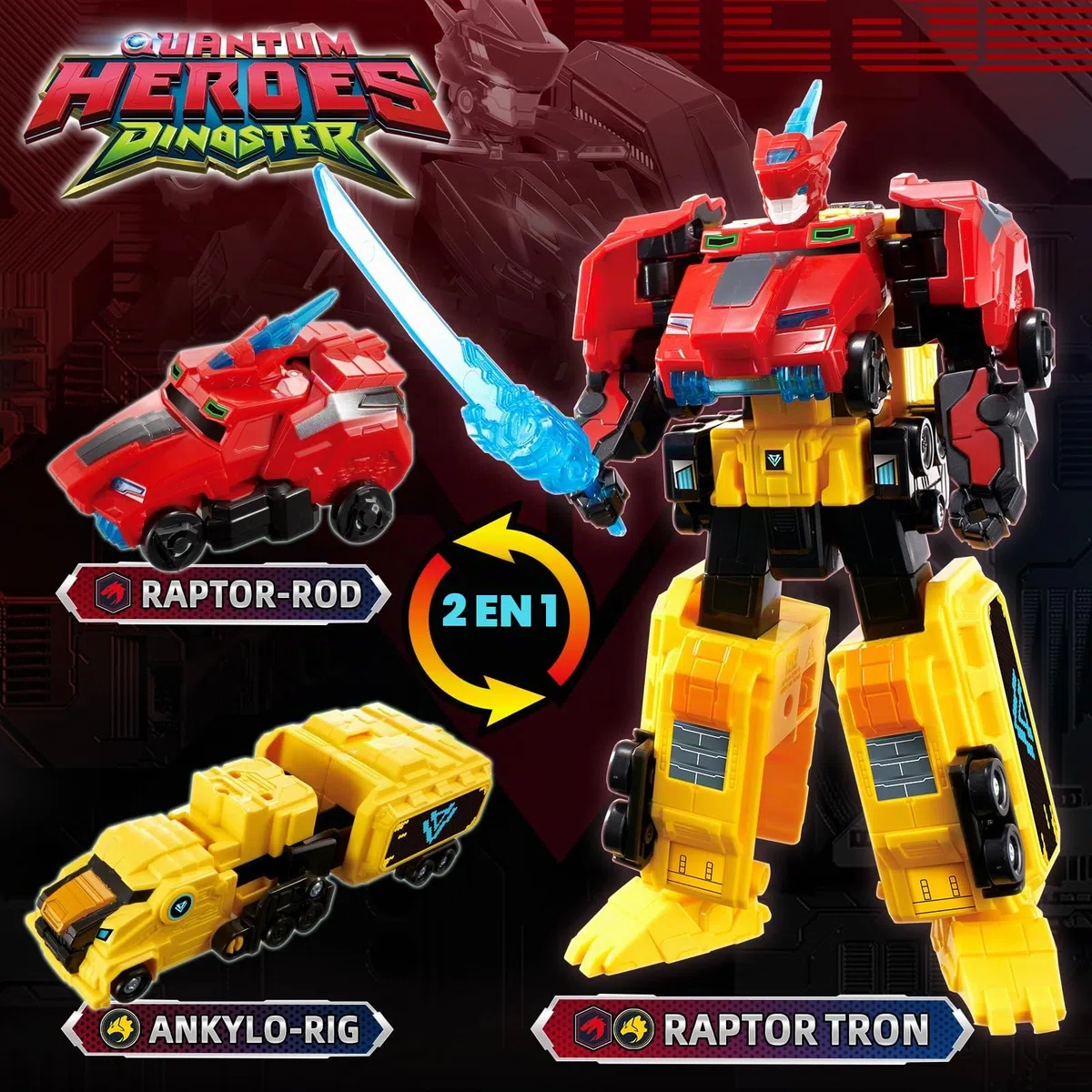 QUANTUM HEROES DINOSTER Robot Transforming 2 en 1 Raptor Tron, 7,48 Pouces, Jouets Transformable pour Enfants, Jouets Transforming Chariot et Robot pour garçons et Filles de 5 6 7 8 9 10 Ans