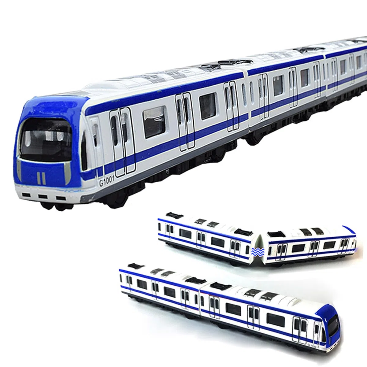Modèle de Train, Ensemble de 4 pièces Alliage City Rail modèle de Train de métro, modèle de métro/Voiture en Alliage à l'échelle 1/64, Bleu et Blanc