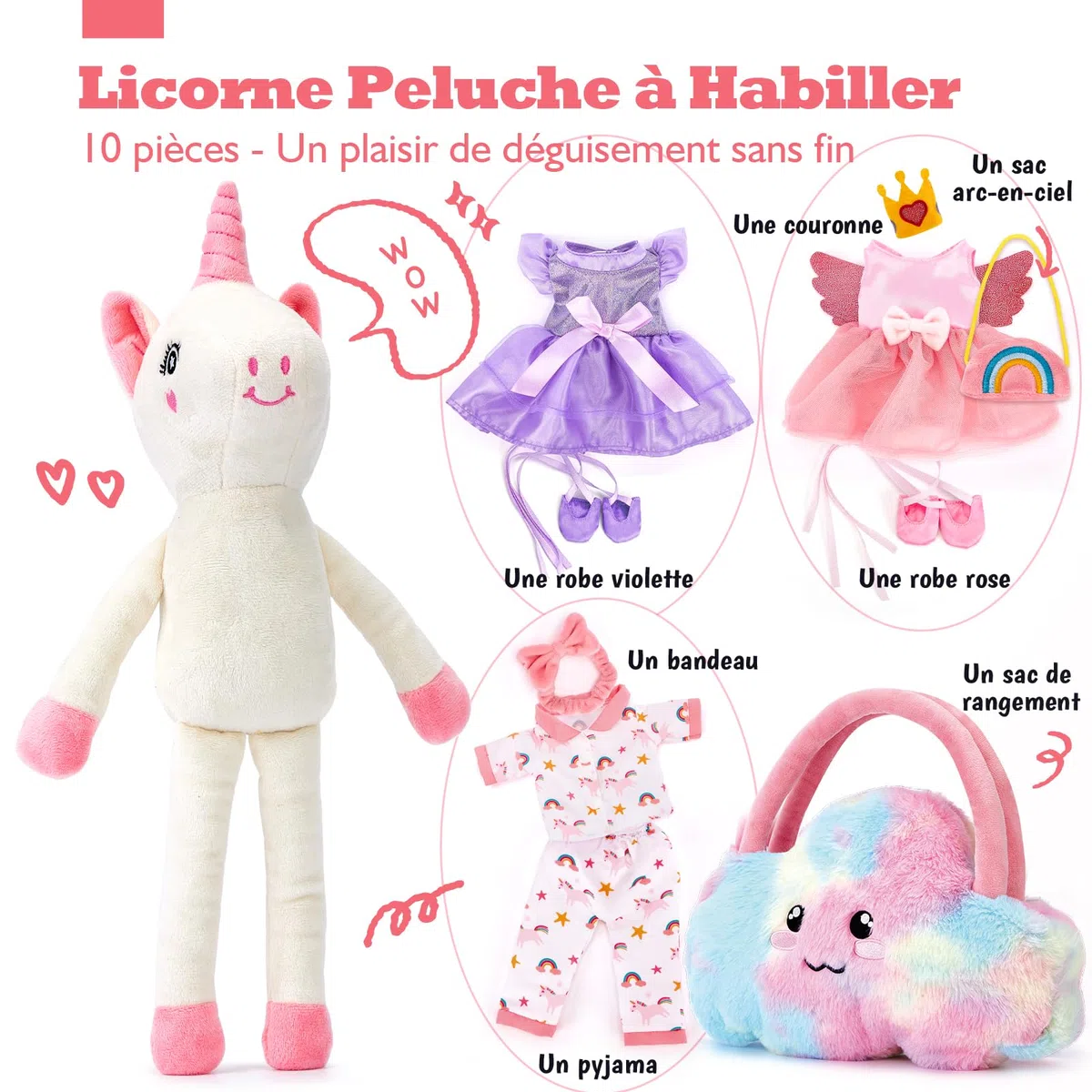 hahaland Licorne Peluche pour Filles 3+ Ans, Licorne à Habiller avec 3 Ensembles de Vêtements & 1 Sac Nuage en Fourrure, Jouet Créatif Jeu de Rôle, Cadeaux Anniversaire pour Fille 3 4 5 6 7 Ans