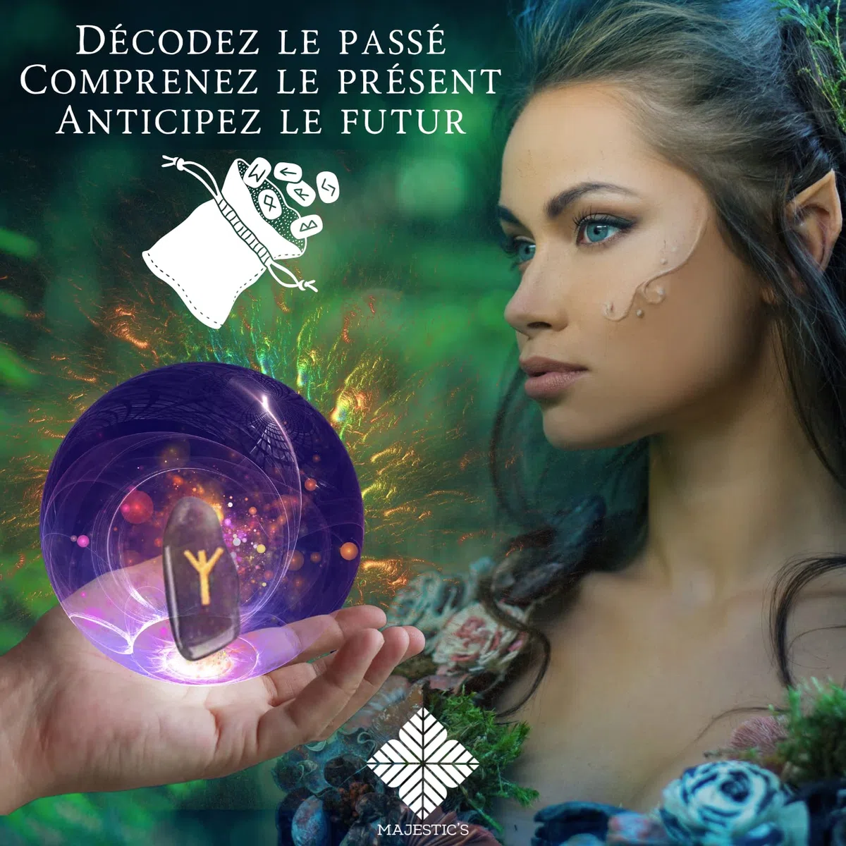 Majestic's Runes Divinatoires Vikings - Pack de 25 Runes en Pierre DE Lune Naturelles Gravées (2cm x 1cm) + Sac Noir + Ebook Pratique (PDF) - Alphabet Runique Futhark Parfait pour Divination, Voyance