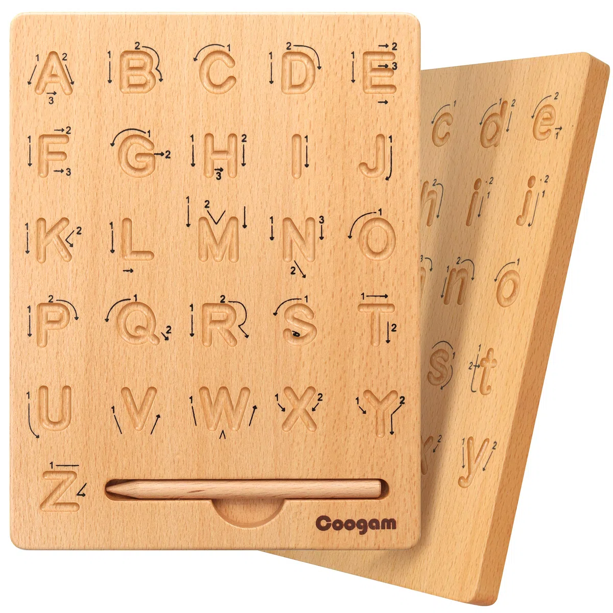 Coogam Planche de traçage de Lettre en Bois Double Face, Alphabet 123 Chiffres Cognition Montessori Apprentissage précoce STEM préscolaire Jouet Cadeau pour 3 4 5 Ans Enfants