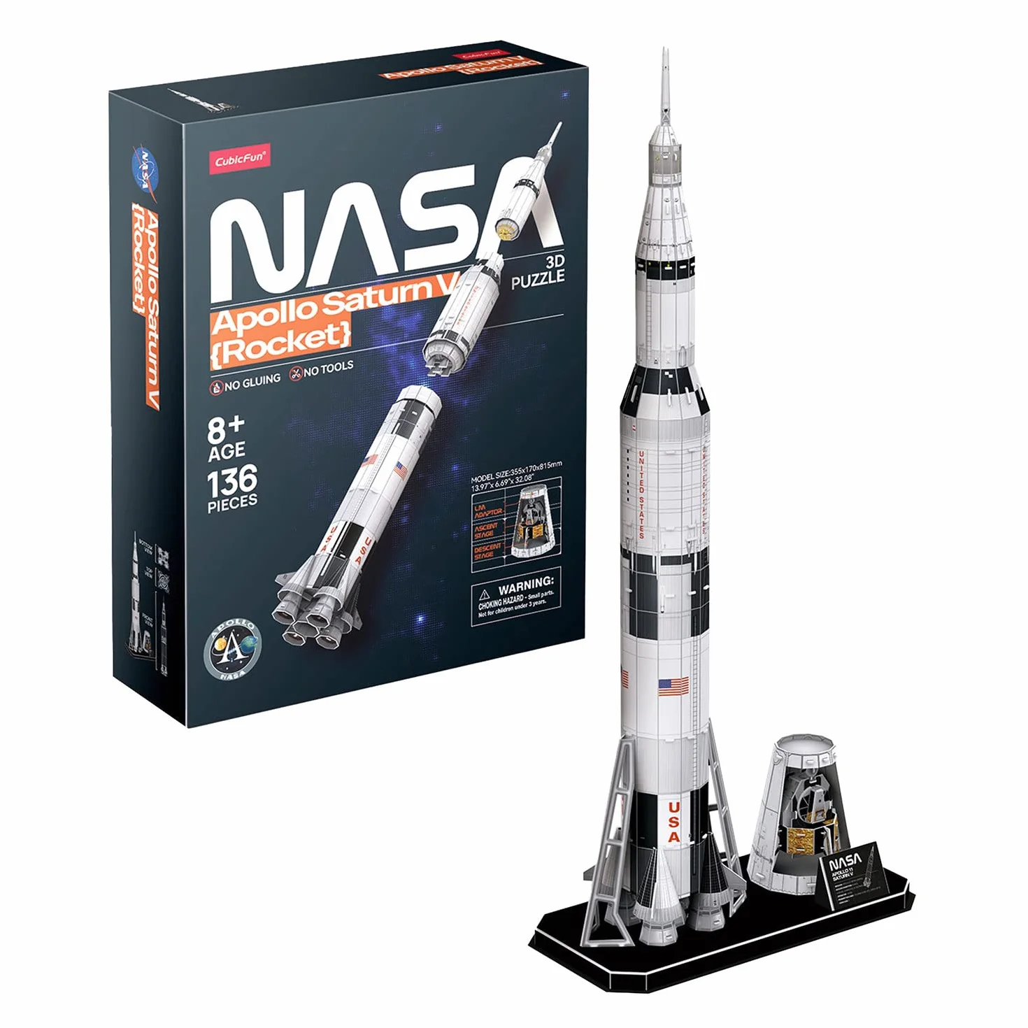 NASA - Puzzle 3D Apollo Saturn V Rocket - Puzzle 3D Enfant Et Adulte | Maquette A Construire Adulte | Cadeau Garcon 8 Ans | 136 Pièces | Puzzles 3D