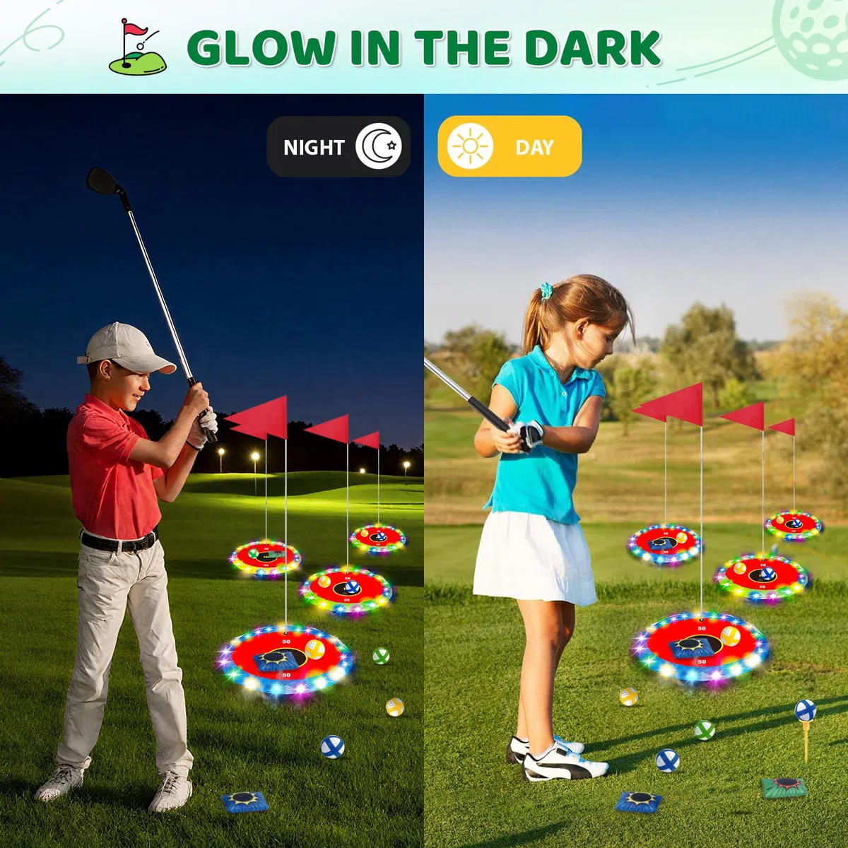 TERRAMUS Kit de golf lumineux 2 en 1 pour enfants, 16 balles, 2 raquettes, 6 cibles éclairées, pour l'intérieur et l'extérieur, cadeau de 3 à 8 ans