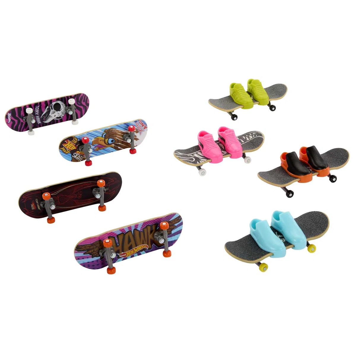 Hot Wheels Skate Fingerskate Tony Hawk Pack avec 8 fingerboards montés et 4 paires de chaussures pour doigts, pack exclusif, Jouet Enfant, Dès 5 ans, HMY19