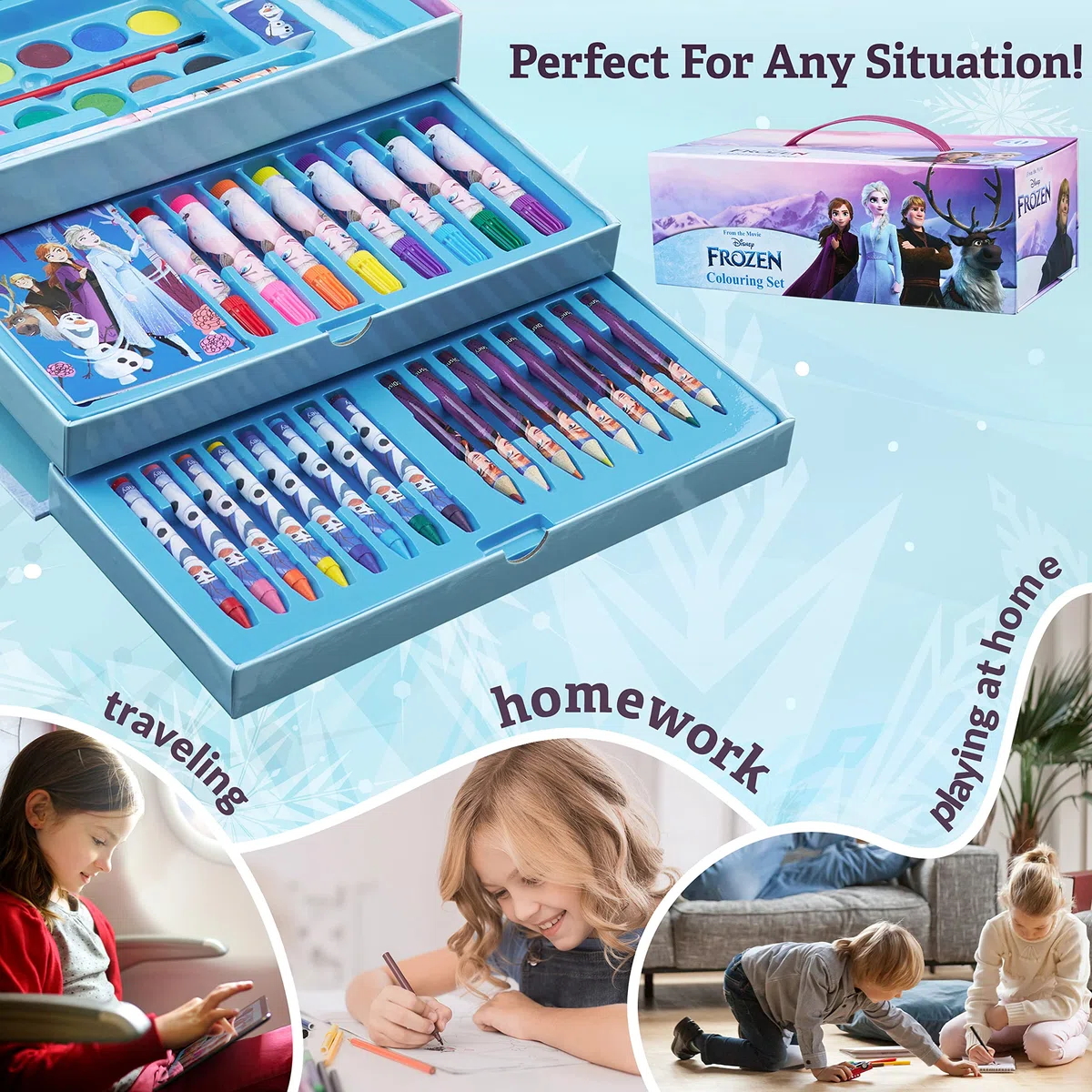 Disney Frozen Kit Dessin Enfant Peinture Enfant Crayons de Couleur et de Cire Peinture Aquarelle Feutres Coloriage Kit Créatif Elsa Mallette Cadeau Fille