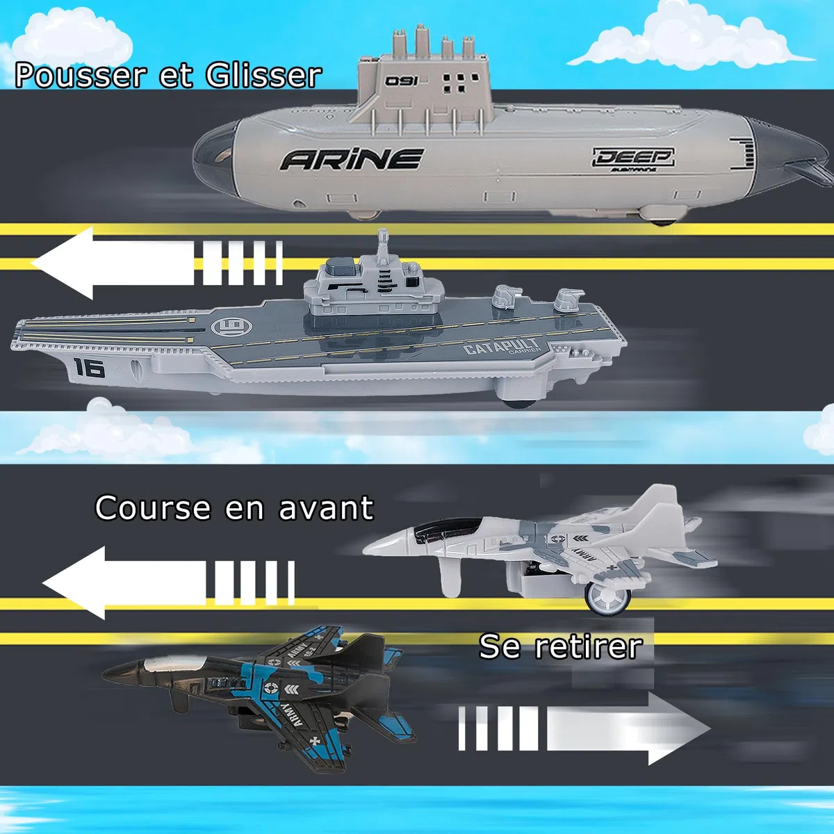 VBACALA Jouets Militaires Navals,Ensemble dejouets Porte Avions pour Enfants, Avions de Combat cuirassés avec Fonction de Repli, jouetsmilitaires U Boat