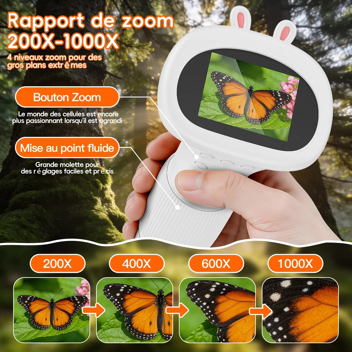 Microscope Enfant Portable Zoom 1000X - Mini Microscope Numérique Rechargeable, Microscop Poche avec Écran, 8 Lumières LED, Jouet Éducatif Scientifique pour Cadeau Noël Filles Garçons (Blanc)