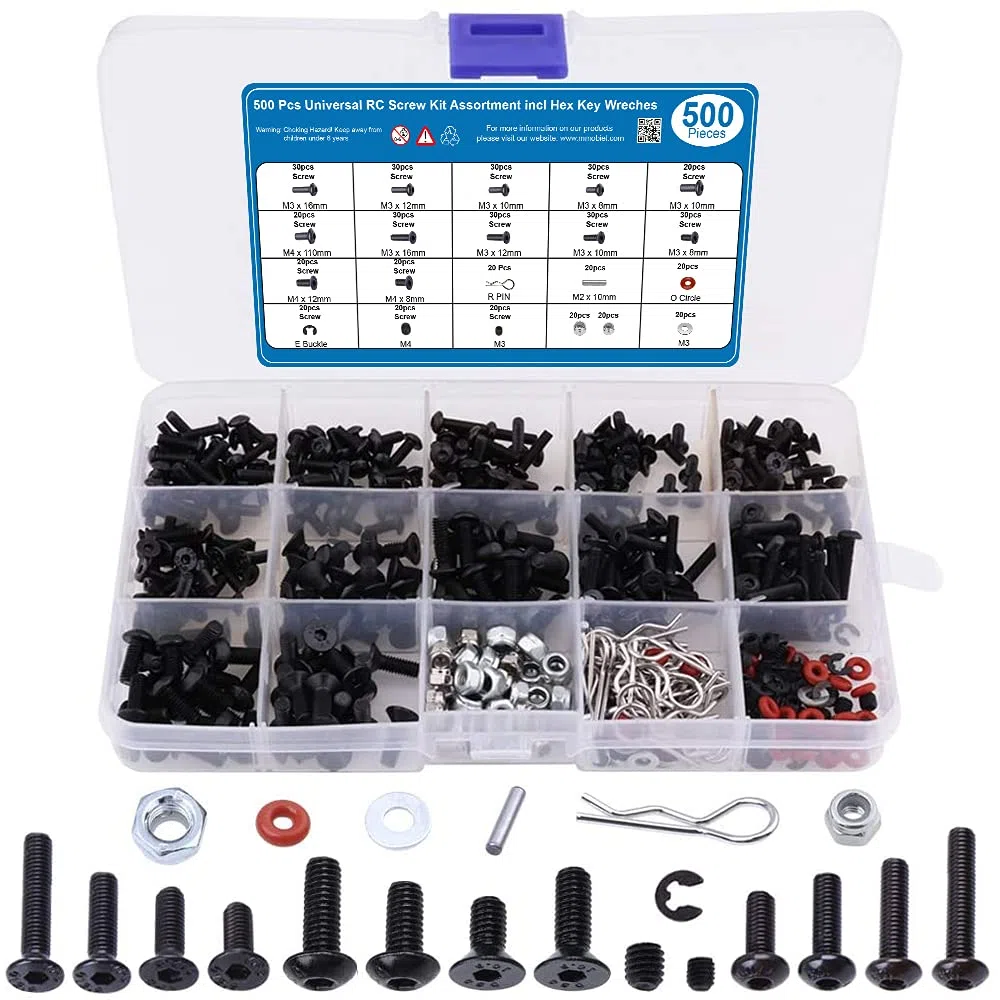 MMOBIEL 500 pièces Kit universel, vis à pans creux, écrous, boucles M3 M4 pour véhicules, véhicules à chenilles et camions télécommandés 1/8 1/10 1/12 1/16