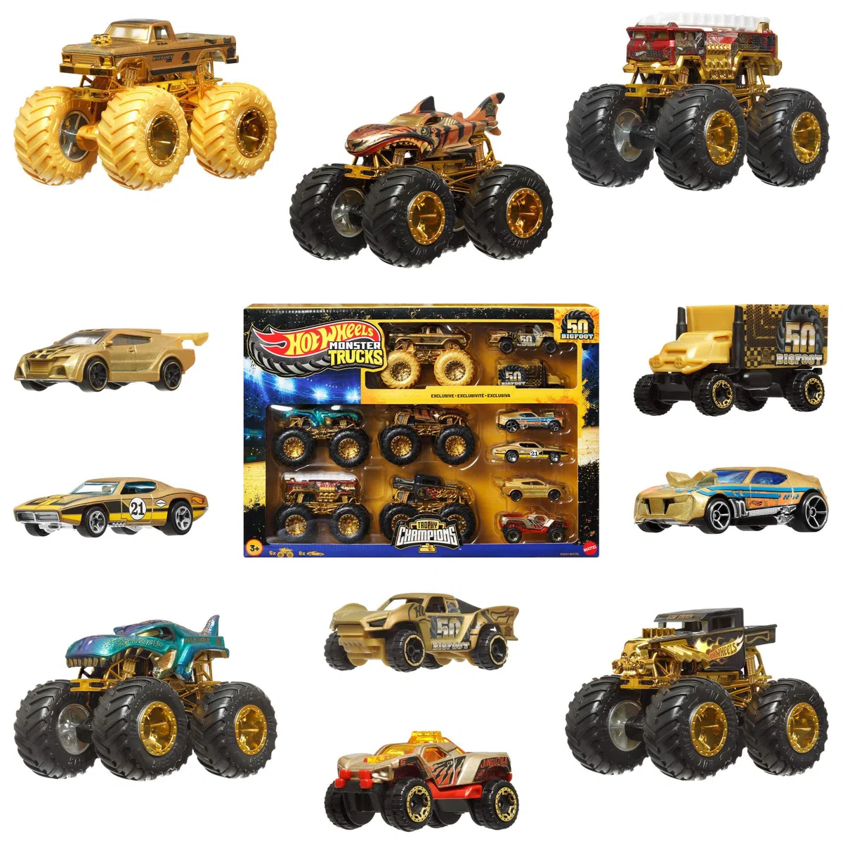 Hot Wheels Trophy Champions Coffret véhicules Monster Trucks avec Bigfoot, 5-Alarm, Bone Shaker, Mega-Wrex et Tiger Shark et 6 voitures en métal, JDW07