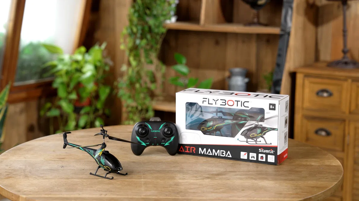 FLYBOTIC - Hélico Air Mamba - Hélicoptère Télécommandé 18 cm avec Effets Lumineux pour Enfant et Adulte - 2 Canaux de Contrôle - Infrarouge - Batterie Rechargeable - Usage intérieur - Dès 10 Ans