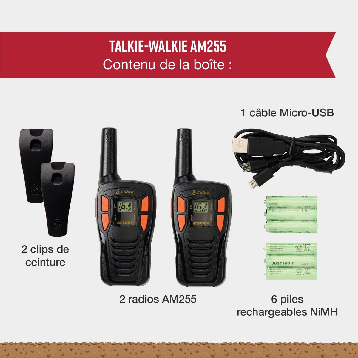 Cobra AM255 Talkies-Walkies Légers IPX2 (Pack de 2) – Portée de 5 km, 16 canaux, Fonction d'économie d'énergie, talkies-Walkies Rechargeables, Noir