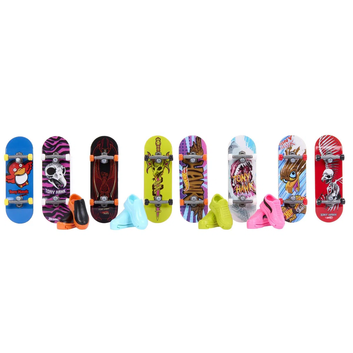 Hot Wheels Skate Fingerskate Tony Hawk Pack avec 8 fingerboards montés et 4 paires de chaussures pour doigts, pack exclusif, Jouet Enfant, Dès 5 ans, HMY19