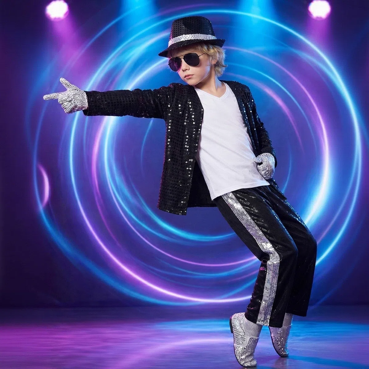 Générique Déguisement Chanteur Enfant Costume Garçons Halloween Costumes 80's mickeal jakson Star Cosplay Vêtements Stage Performance Dancewear Scène star musique enfant 5 pièces accessoires